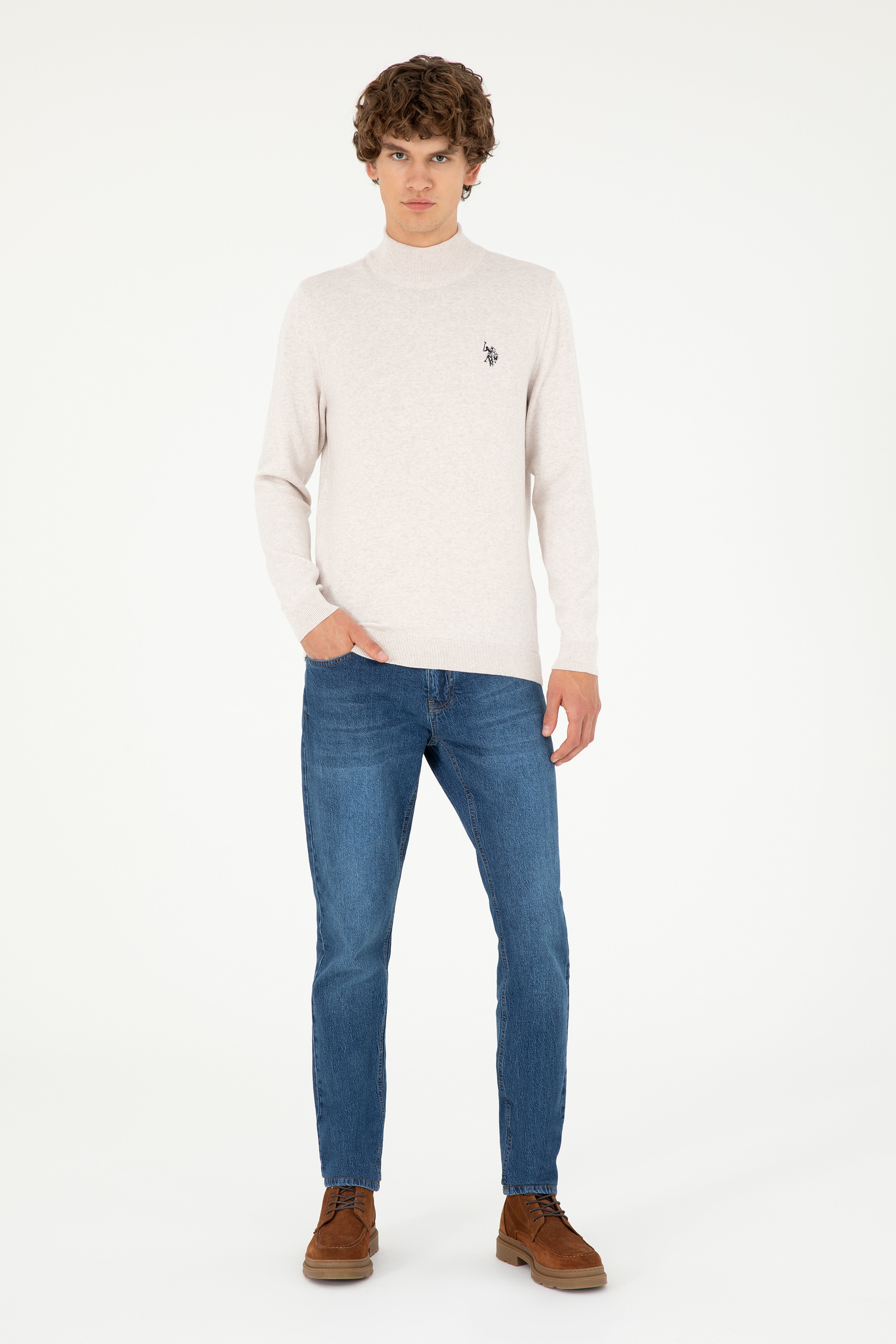Erkek Slim Fit Yarım Boğazlı Taş Melanj Basic Kazak