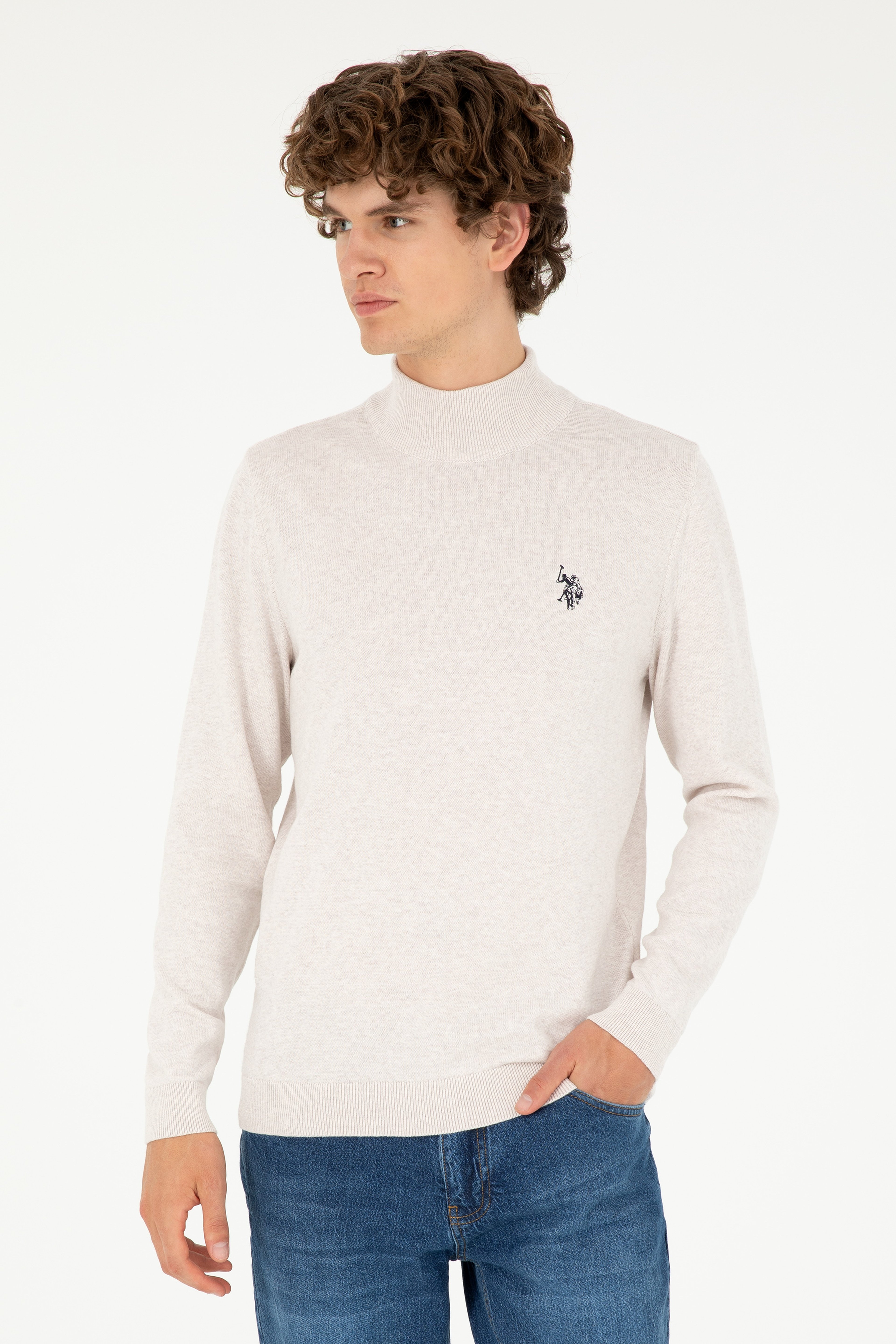 Erkek Slim Fit Yarım Boğazlı Taş Melanj Basic Kazak - Image 1