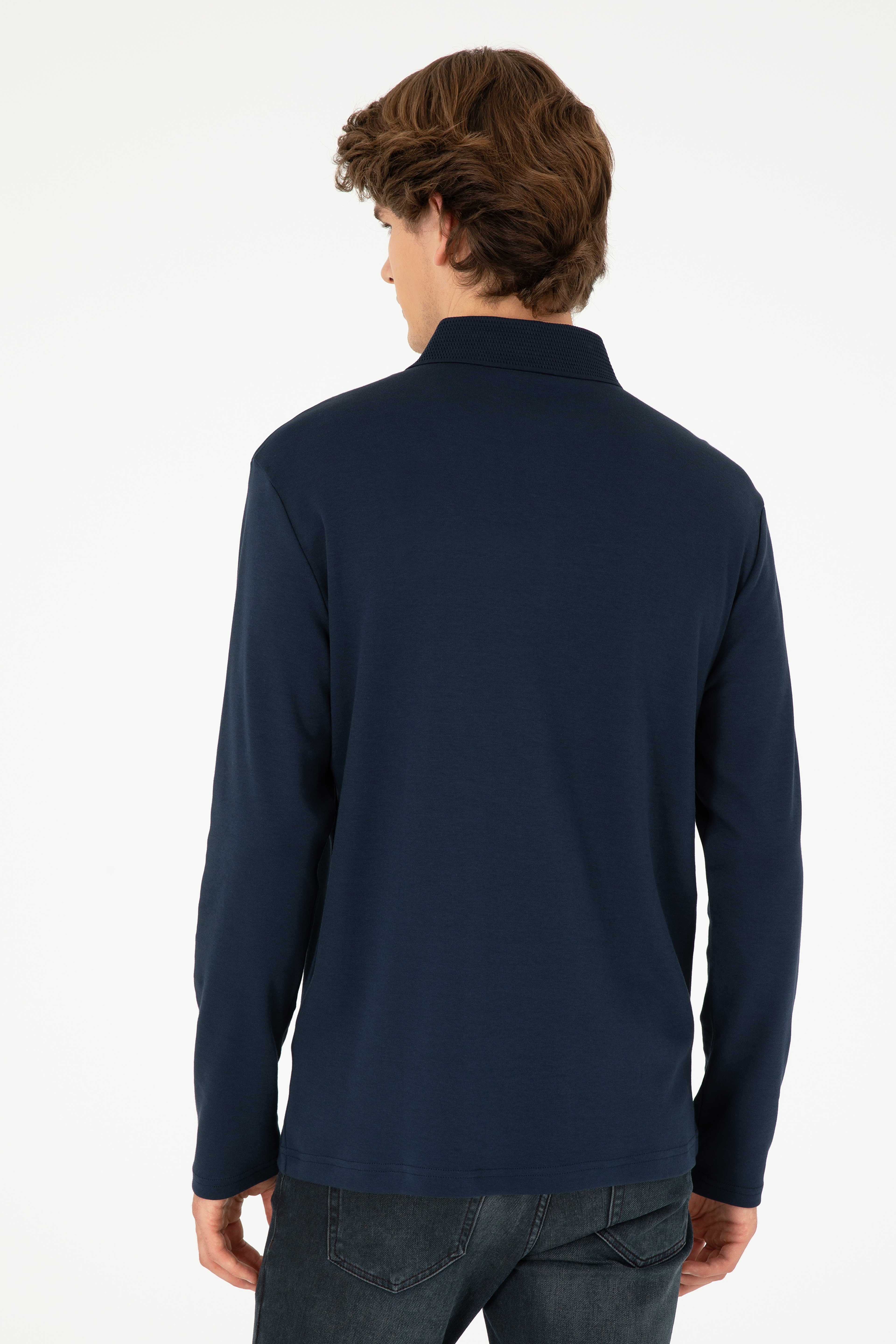 Erkek Regular Fit Polo Yaka Lacivert Basic Sweatshirt - Image 5