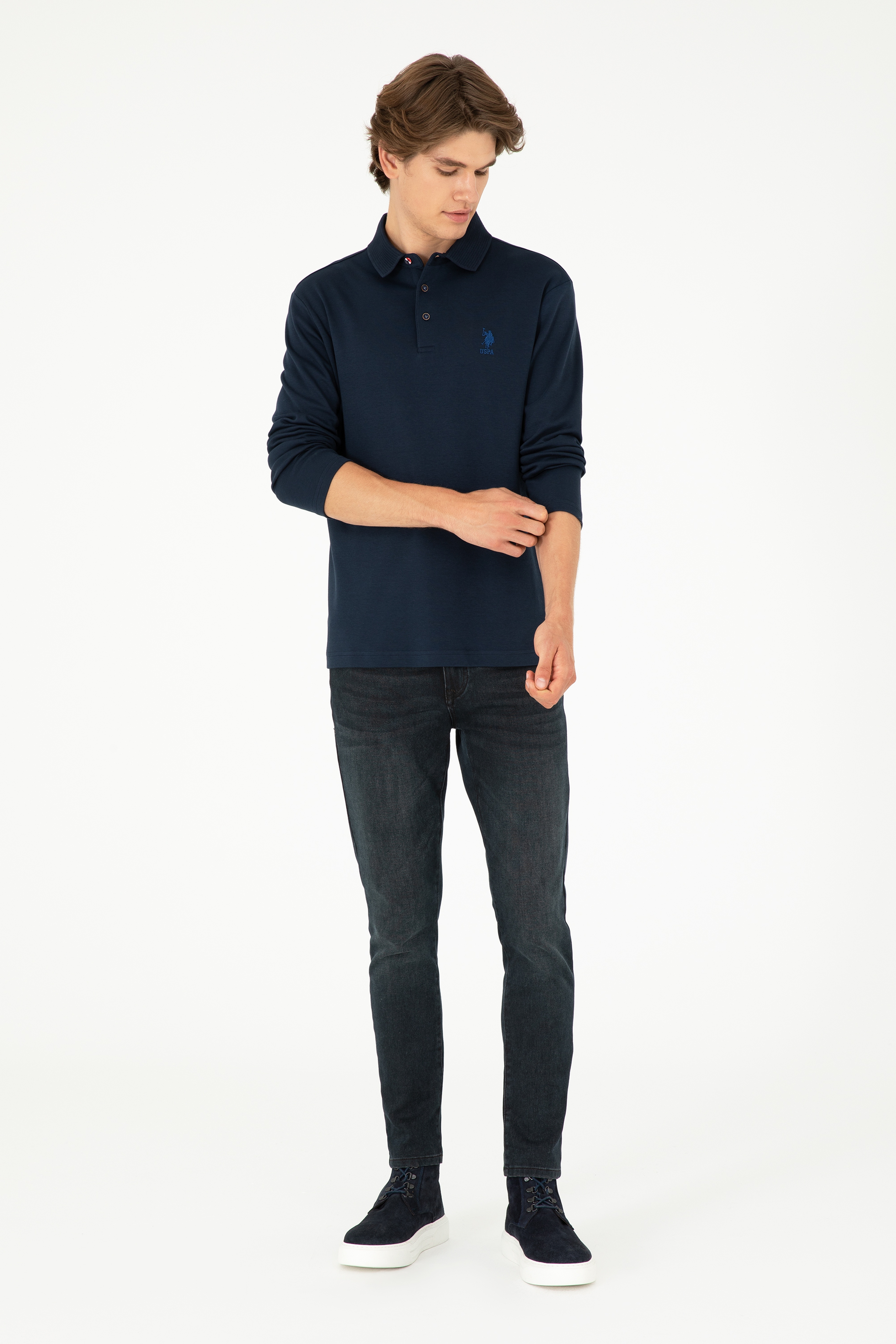 Erkek Regular Fit Polo Yaka Lacivert Basic Sweatshirt - Image 4