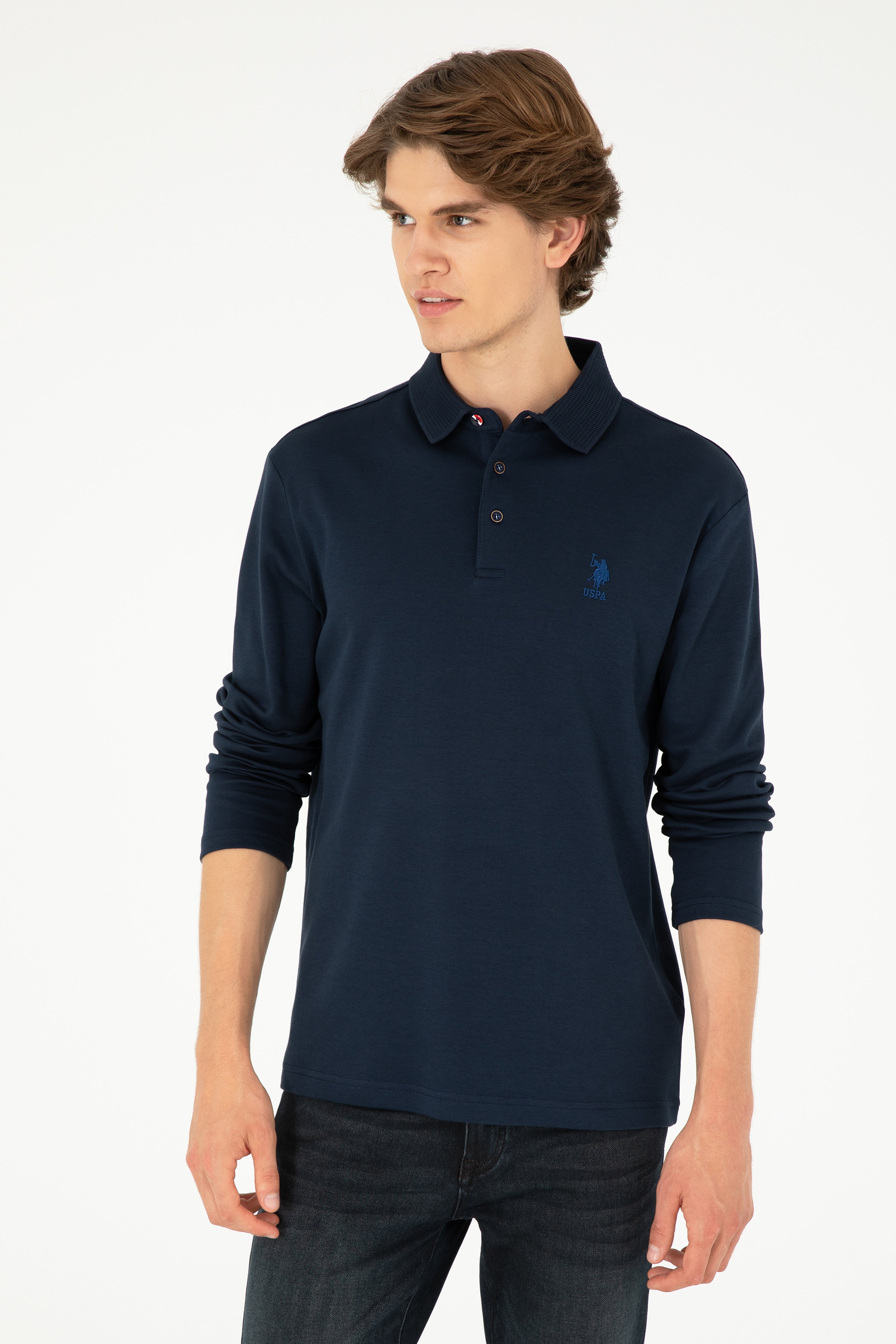 Erkek Regular Fit Polo Yaka Lacivert Basic Sweatshirt - Image 3