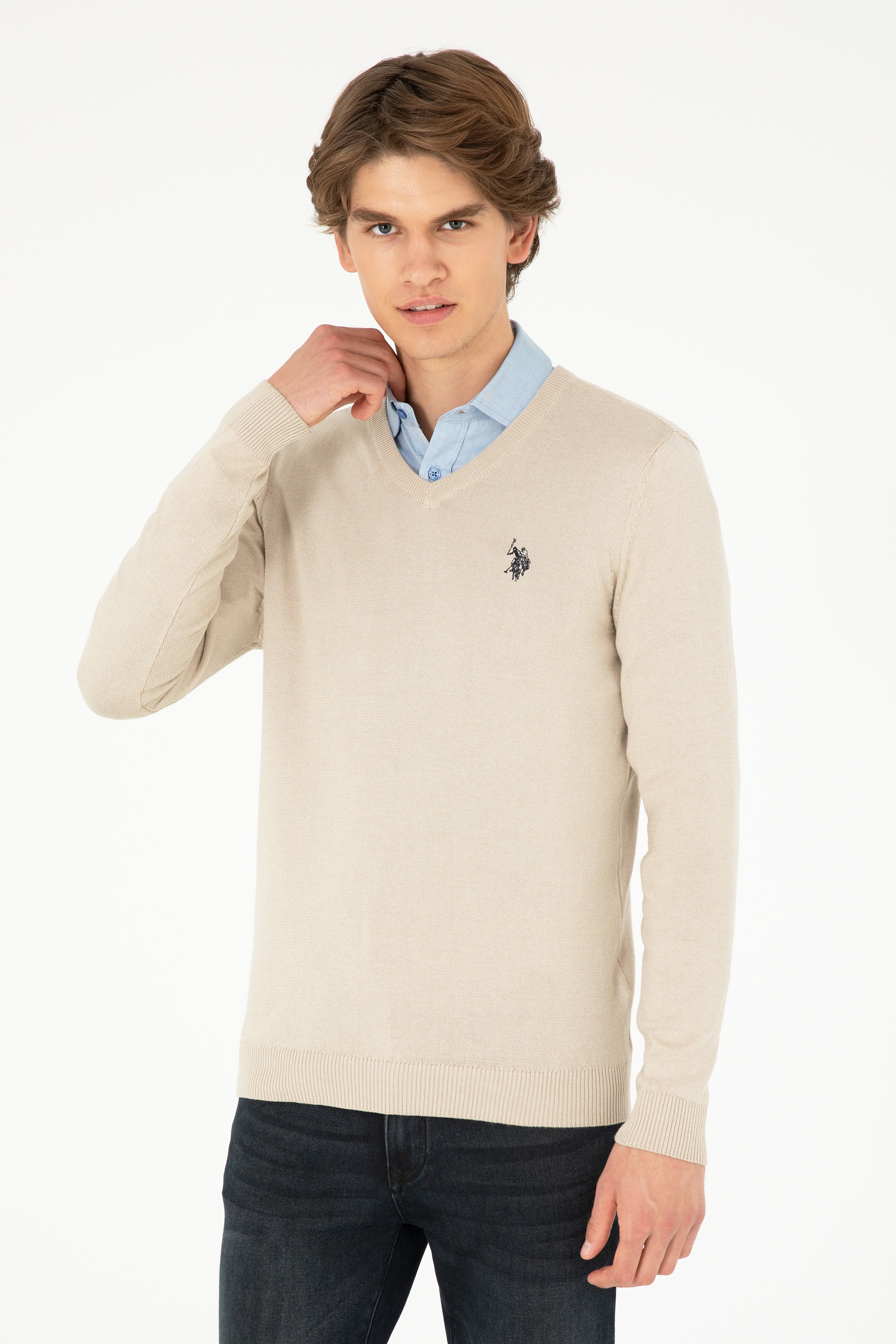 Erkek Slim Fit V Yaka Taş Melanj Basic Kazak - Image 3