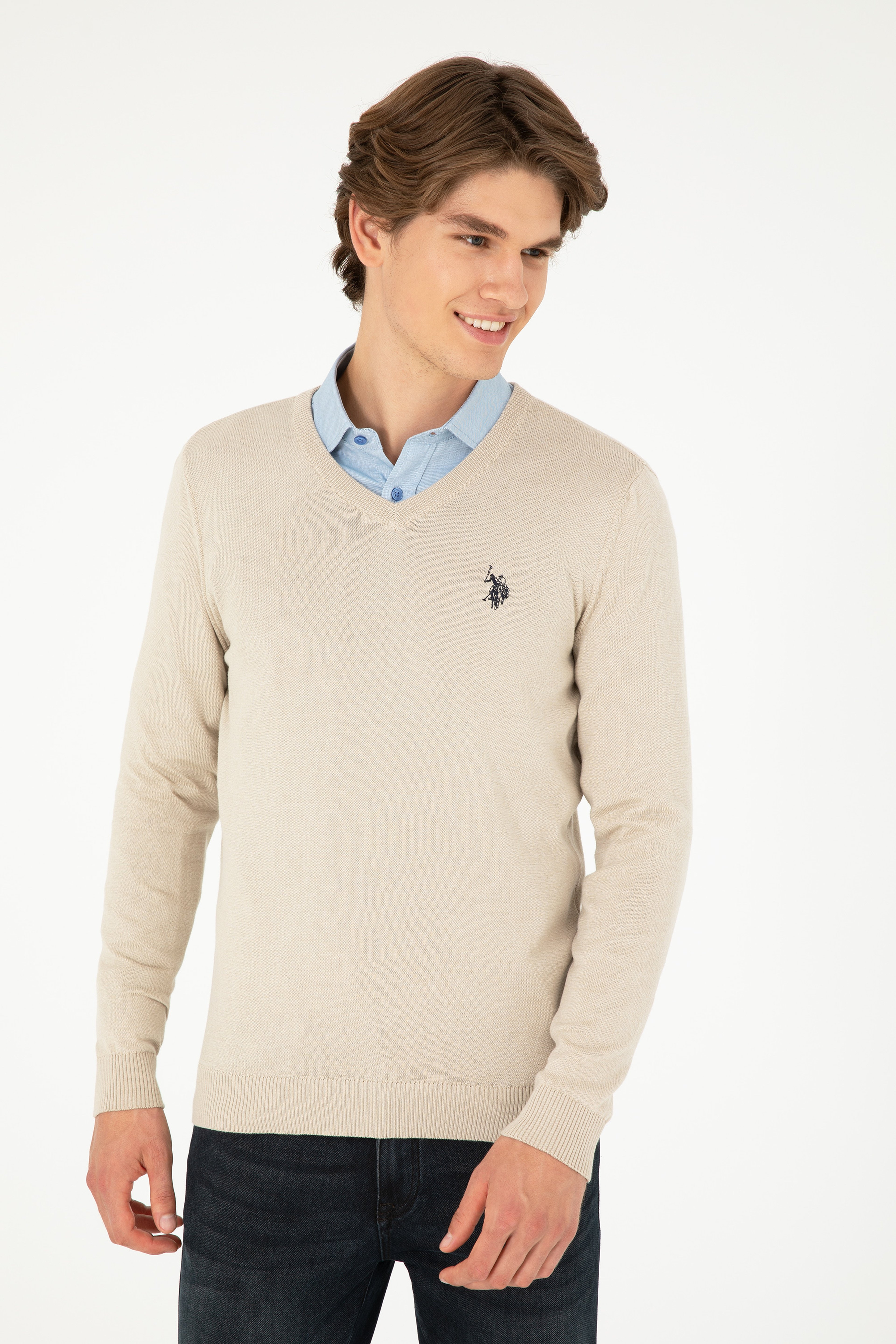 Erkek Slim Fit V Yaka Taş Melanj Basic Kazak