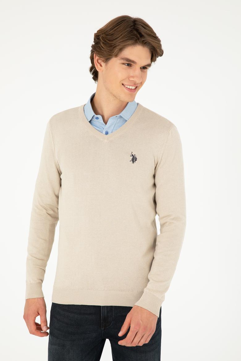 Erkek Slim Fit V Yaka Taş Melanj Basic Kazak