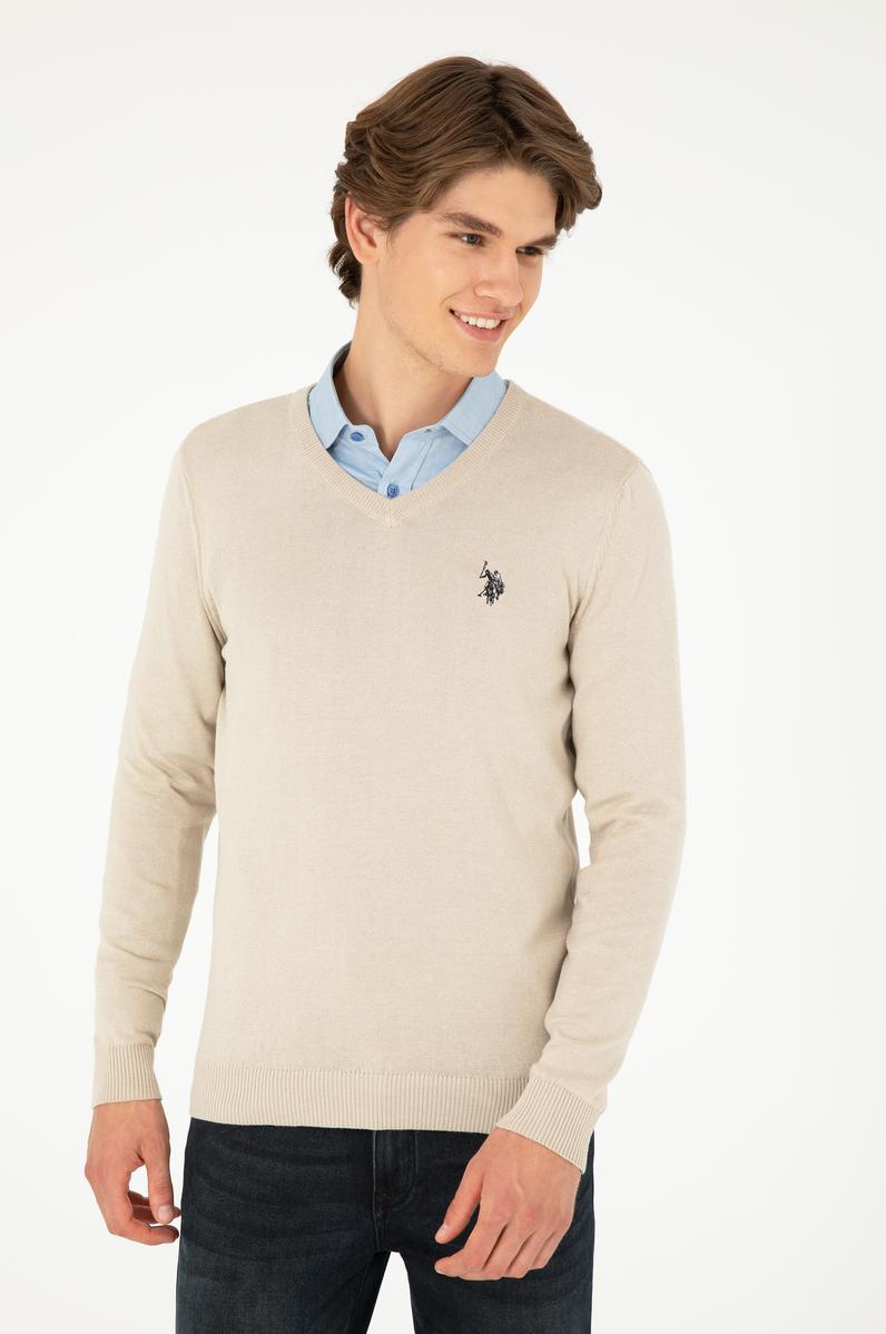 Erkek Slim Fit V Yaka Taş Melanj Basic Kazak