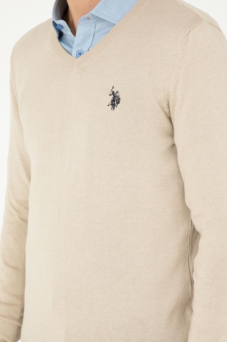 Erkek Slim Fit V Yaka Taş Melanj Basic Kazak