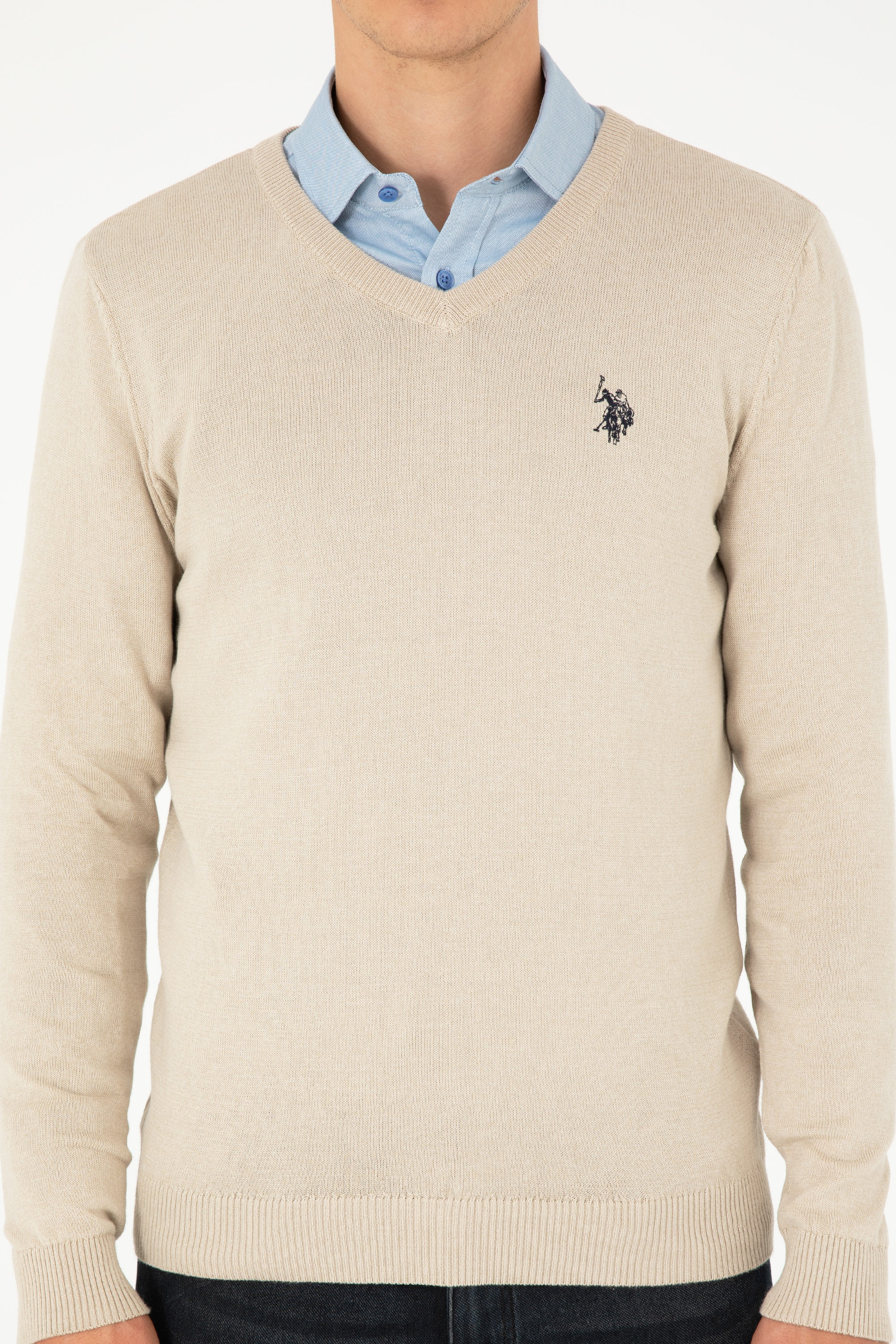 Erkek Slim Fit V Yaka Taş Melanj Basic Kazak