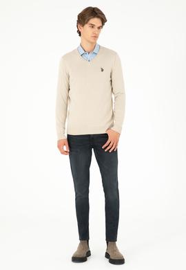 Erkek Slim Fit V Yaka Taş Melanj Basic Kazak - 50293512096