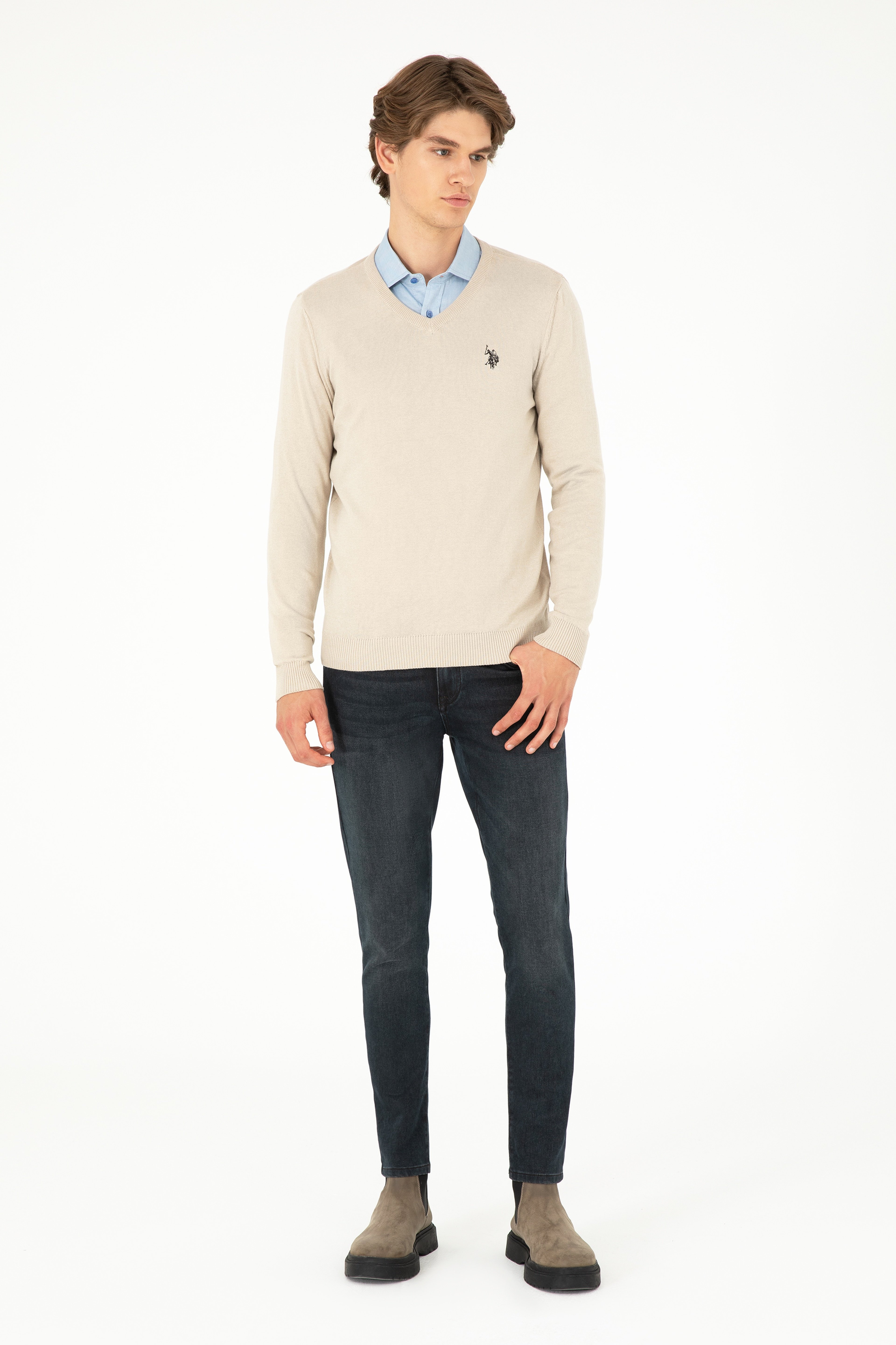 Erkek Slim Fit V Yaka Taş Melanj Basic Kazak - Image 4