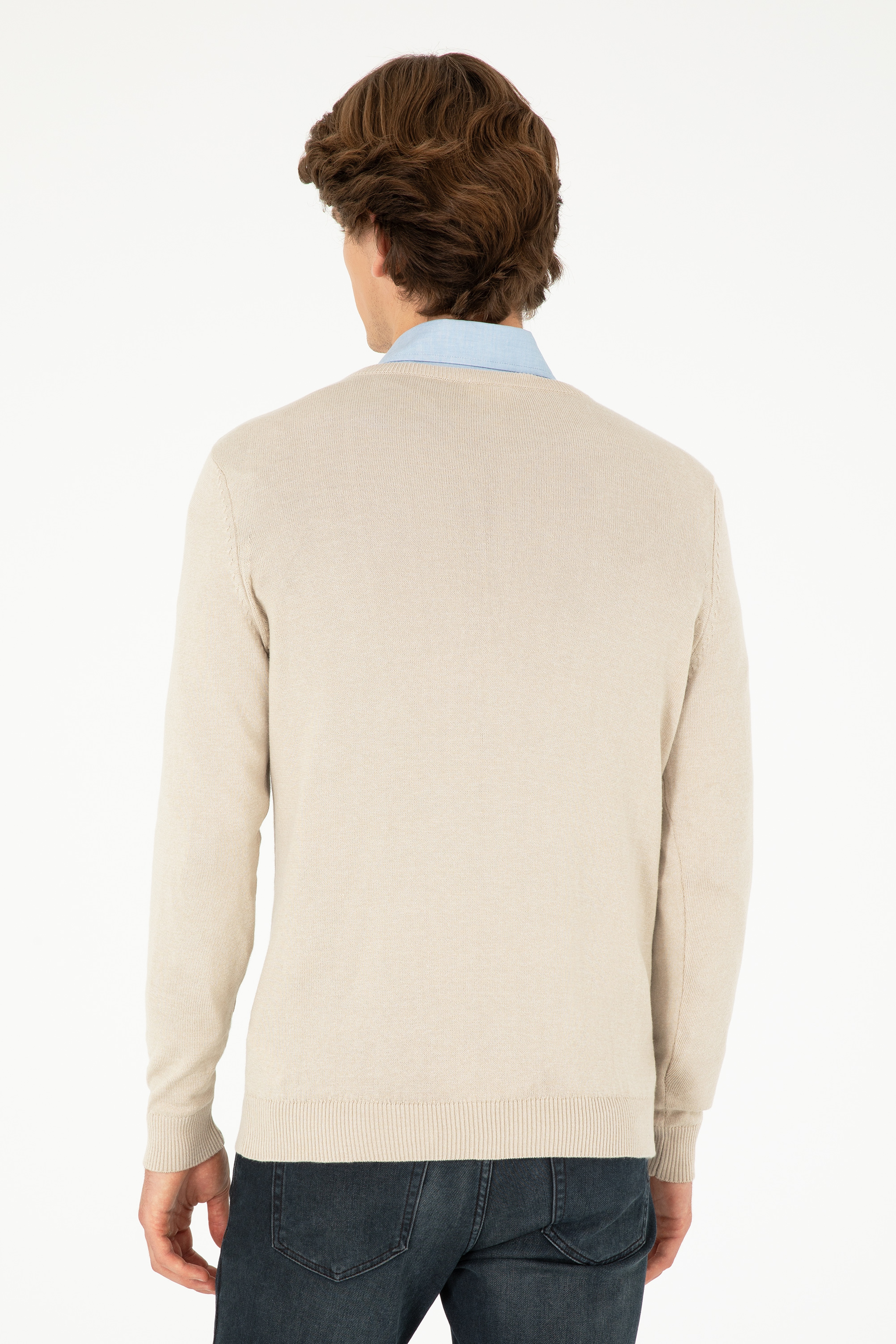 Erkek Slim Fit V Yaka Taş Melanj Basic Kazak