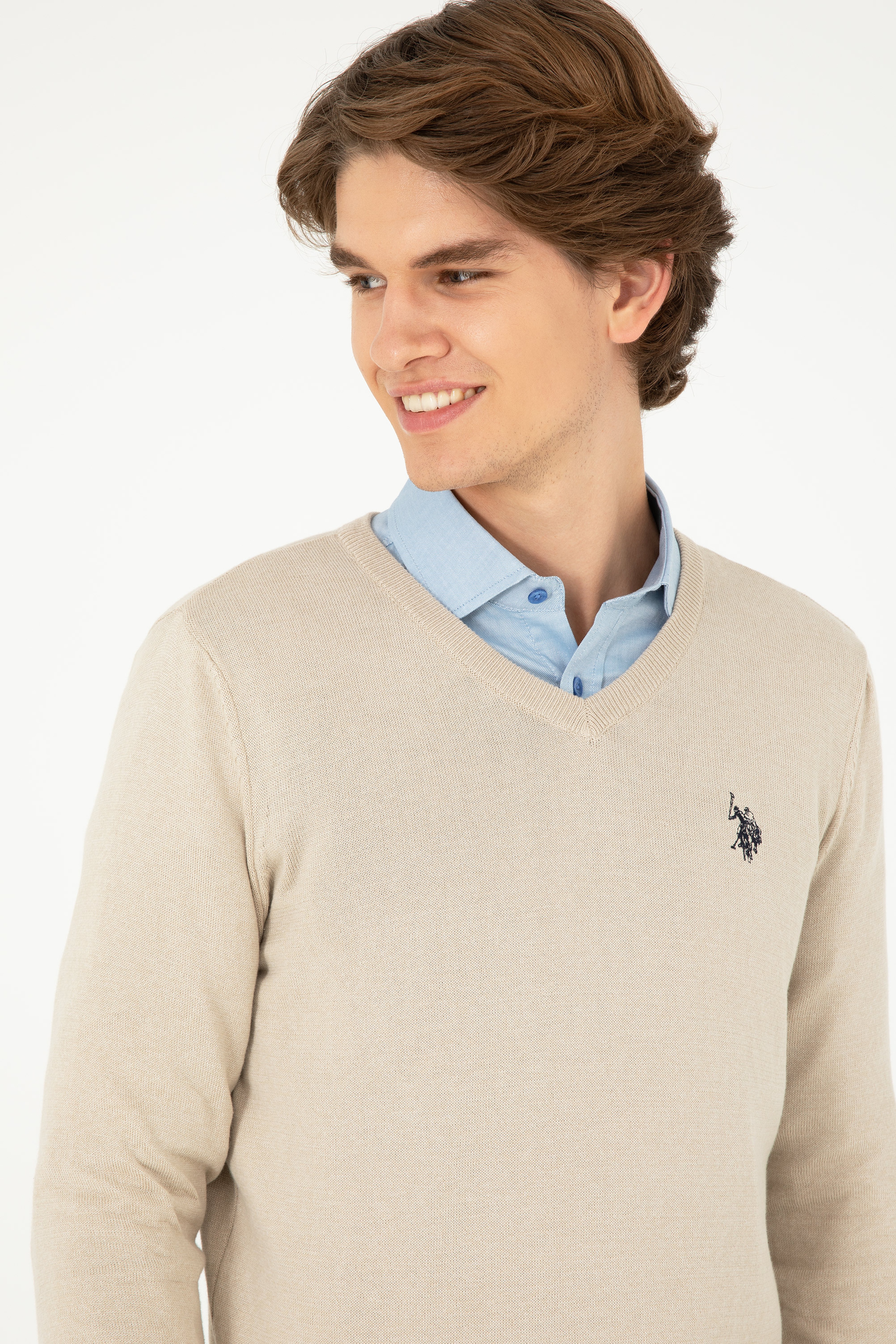 Erkek Slim Fit V Yaka Taş Melanj Basic Kazak
