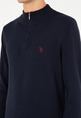 Erkek Slim Fit Yarım Fermuarlı Lacivert Basic Kazak - 50293517019