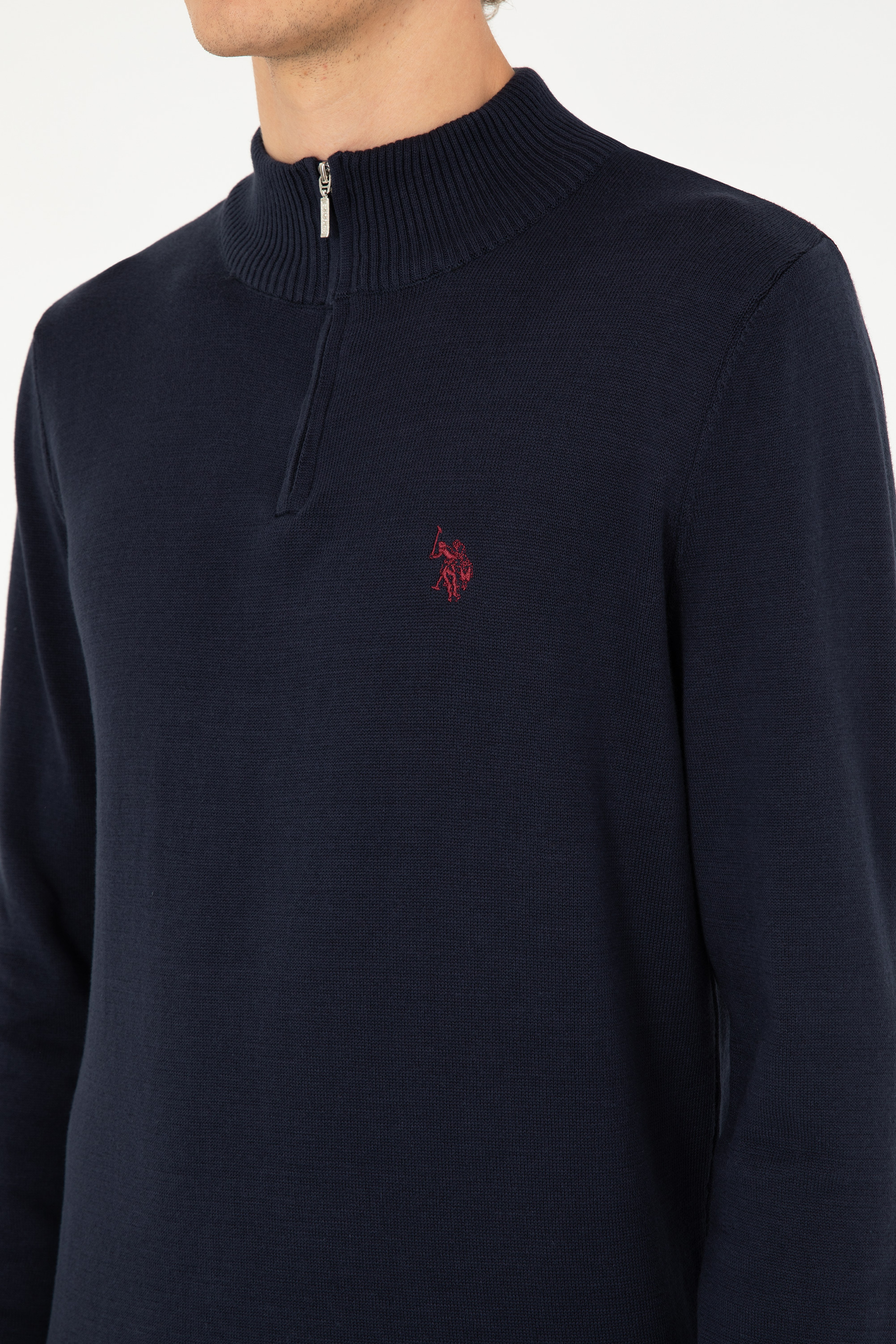 Erkek Slim Fit Yarım Fermuarlı Lacivert Basic Kazak