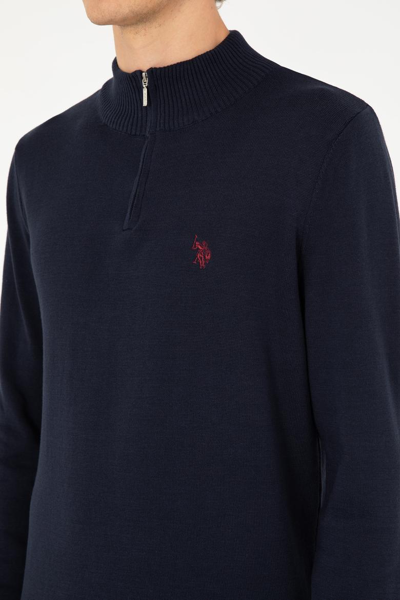 Erkek Slim Fit Yarım Fermuarlı Lacivert Basic Kazak - 50293517019