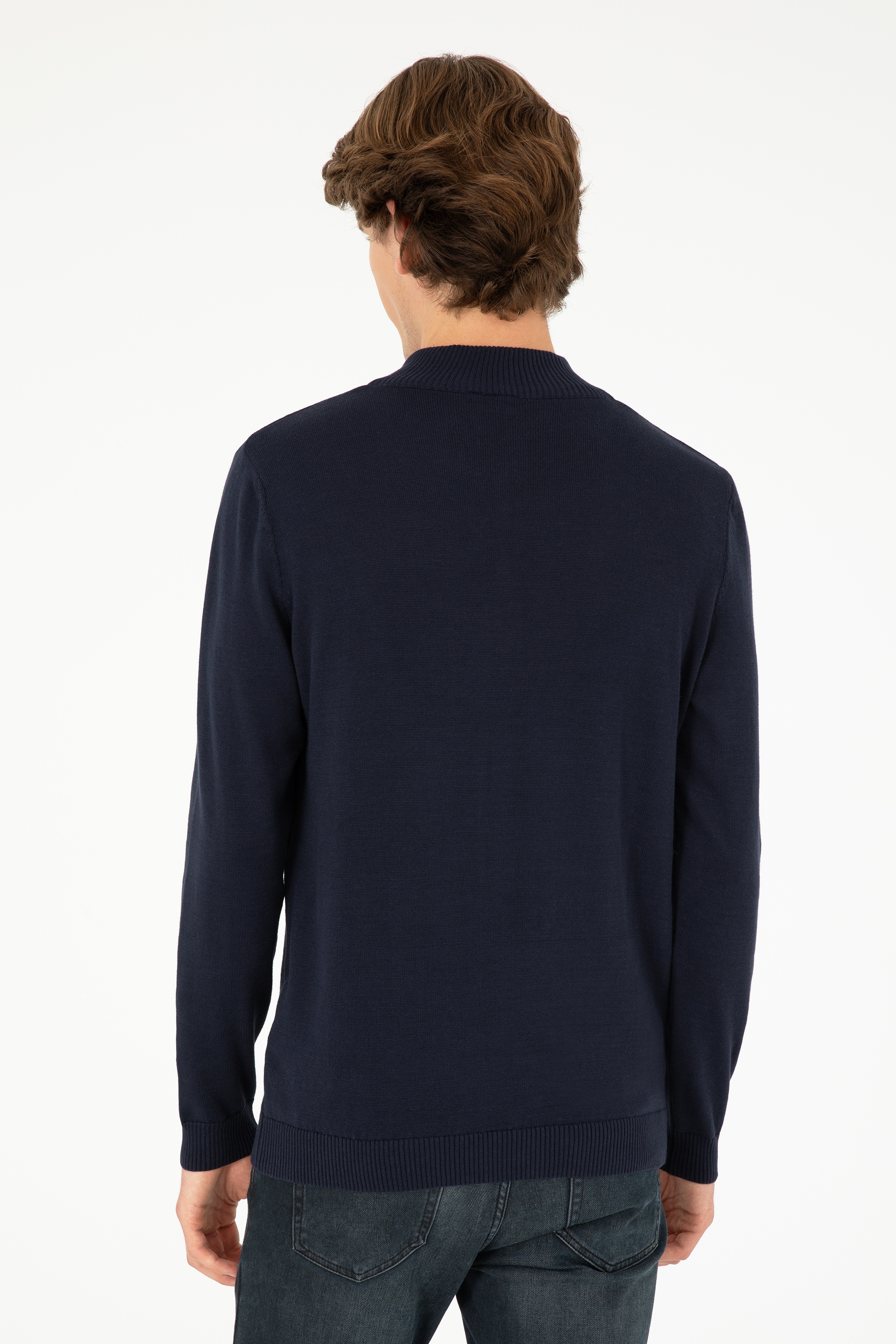 Erkek Slim Fit Yarım Fermuarlı Lacivert Basic Kazak