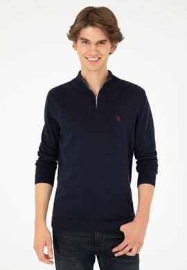 Erkek Slim Fit Yarım Fermuarlı Lacivert Basic Kazak - 50293517019