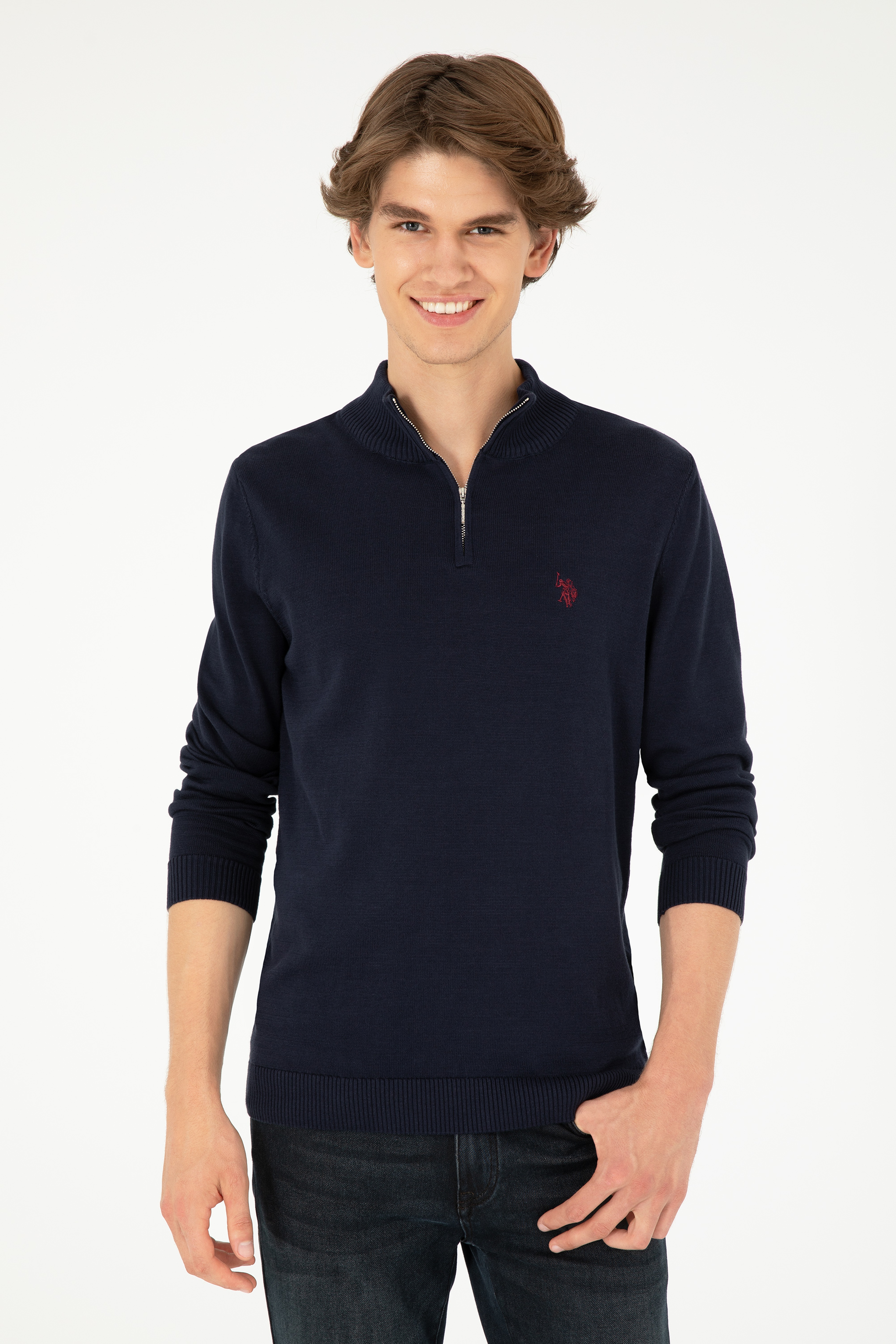 Erkek Slim Fit Yarım Fermuarlı Lacivert Basic Kazak - Image 3