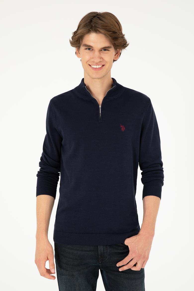 Erkek Slim Fit Yarım Fermuarlı Lacivert Basic Kazak - 50293517019