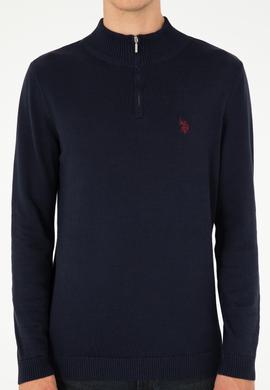 Erkek Slim Fit Yarım Fermuarlı Lacivert Basic Kazak - 50293517019