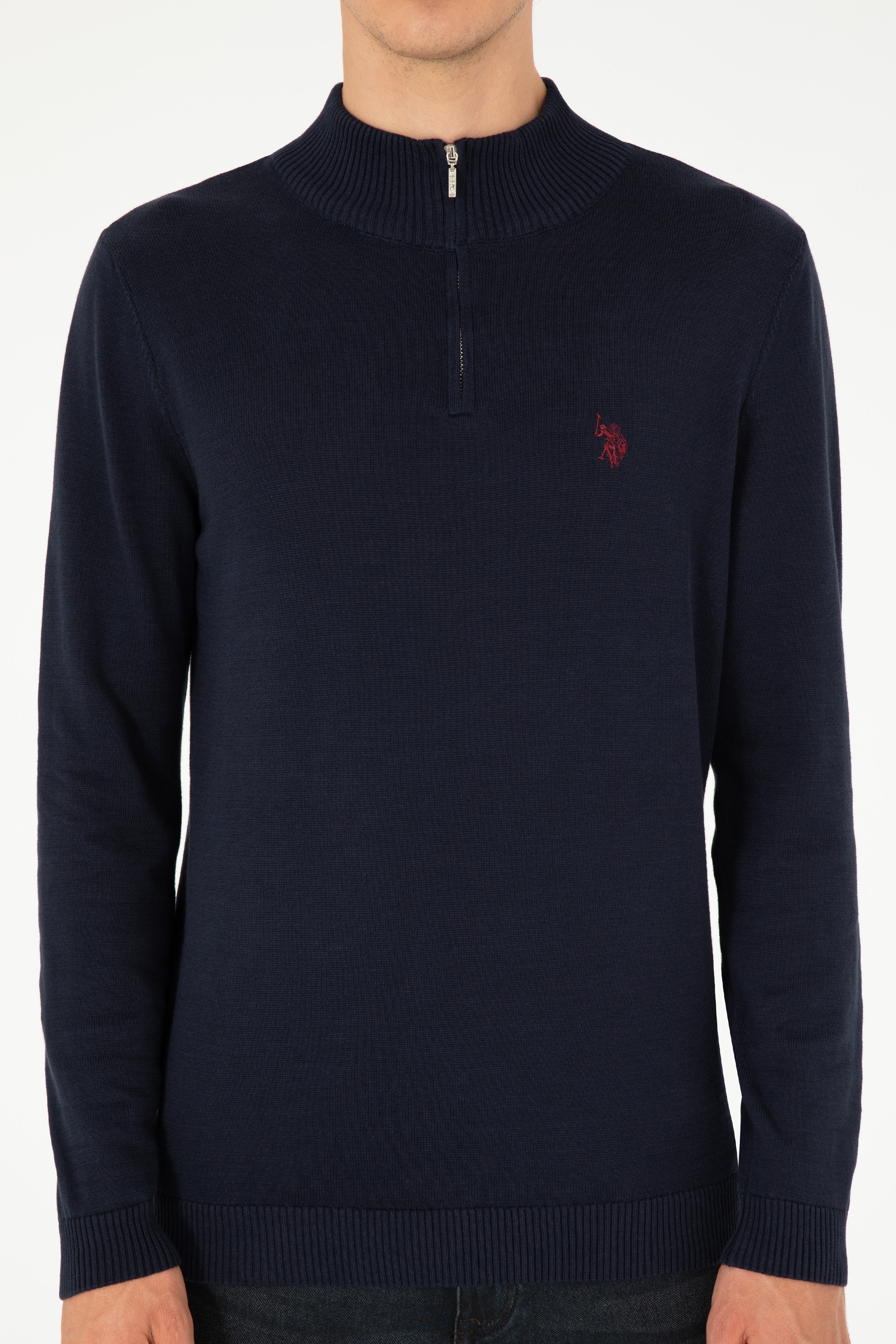 Erkek Slim Fit Yarım Fermuarlı Lacivert Basic Kazak - Image 6