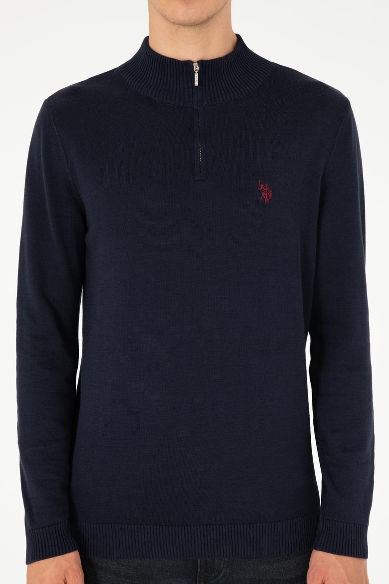 Erkek Slim Fit Yarım Fermuarlı Lacivert Basic Kazak - 50293517019