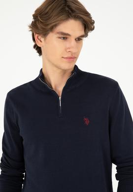 Erkek Slim Fit Yarım Fermuarlı Lacivert Basic Kazak - 50293517019