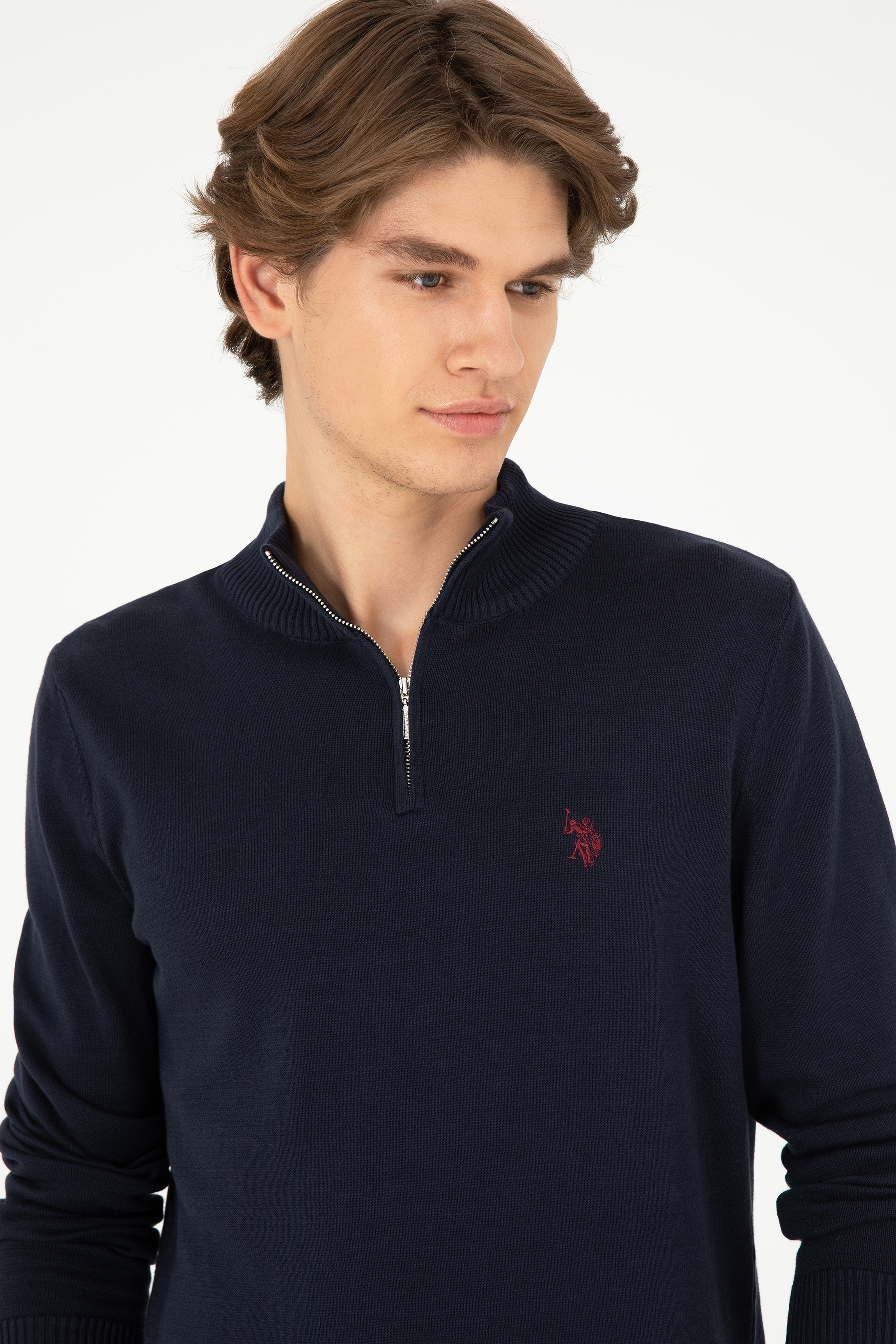 Erkek Slim Fit Yarım Fermuarlı Lacivert Basic Kazak