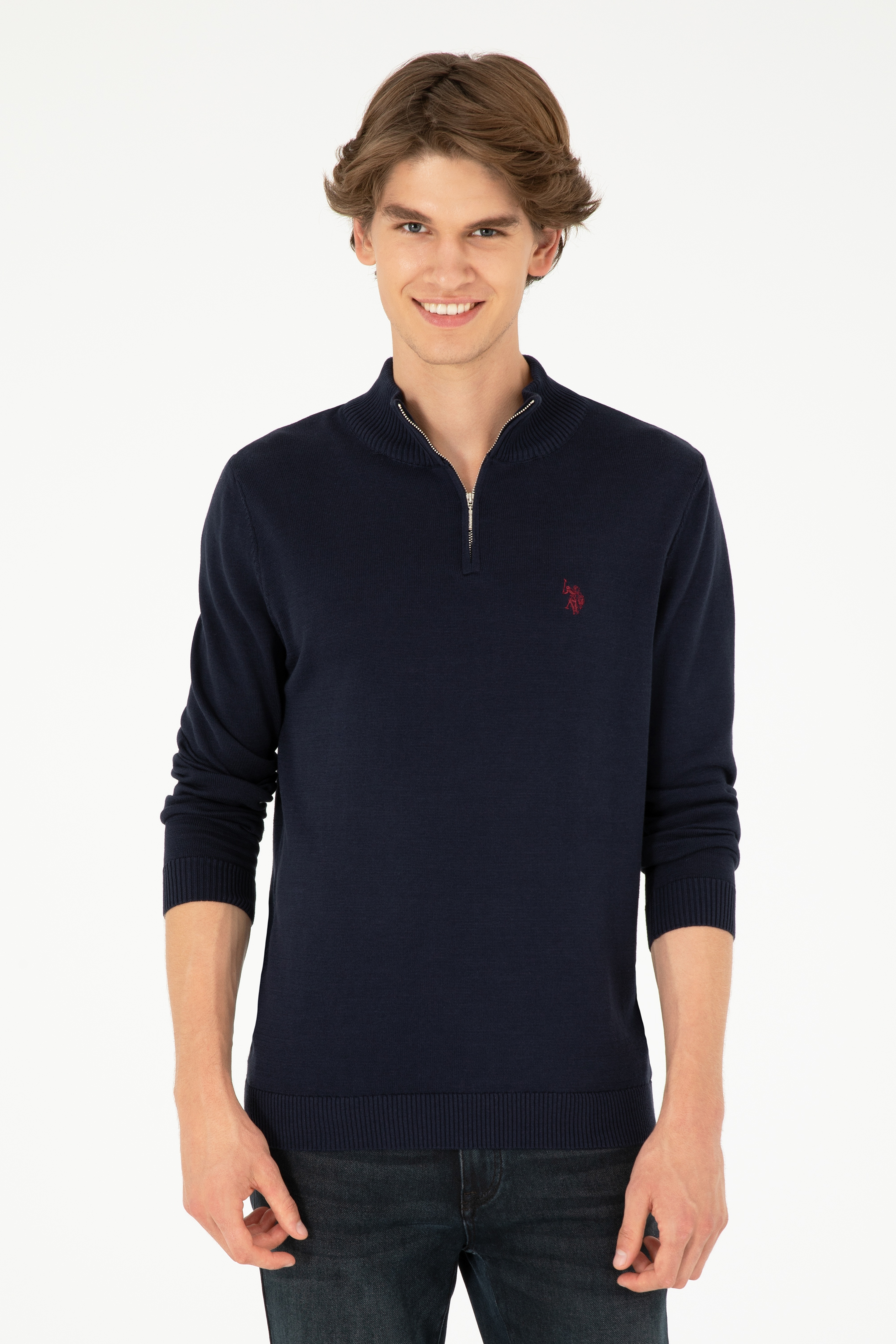 Erkek Slim Fit Yarım Fermuarlı Lacivert Basic Kazak - Image 1
