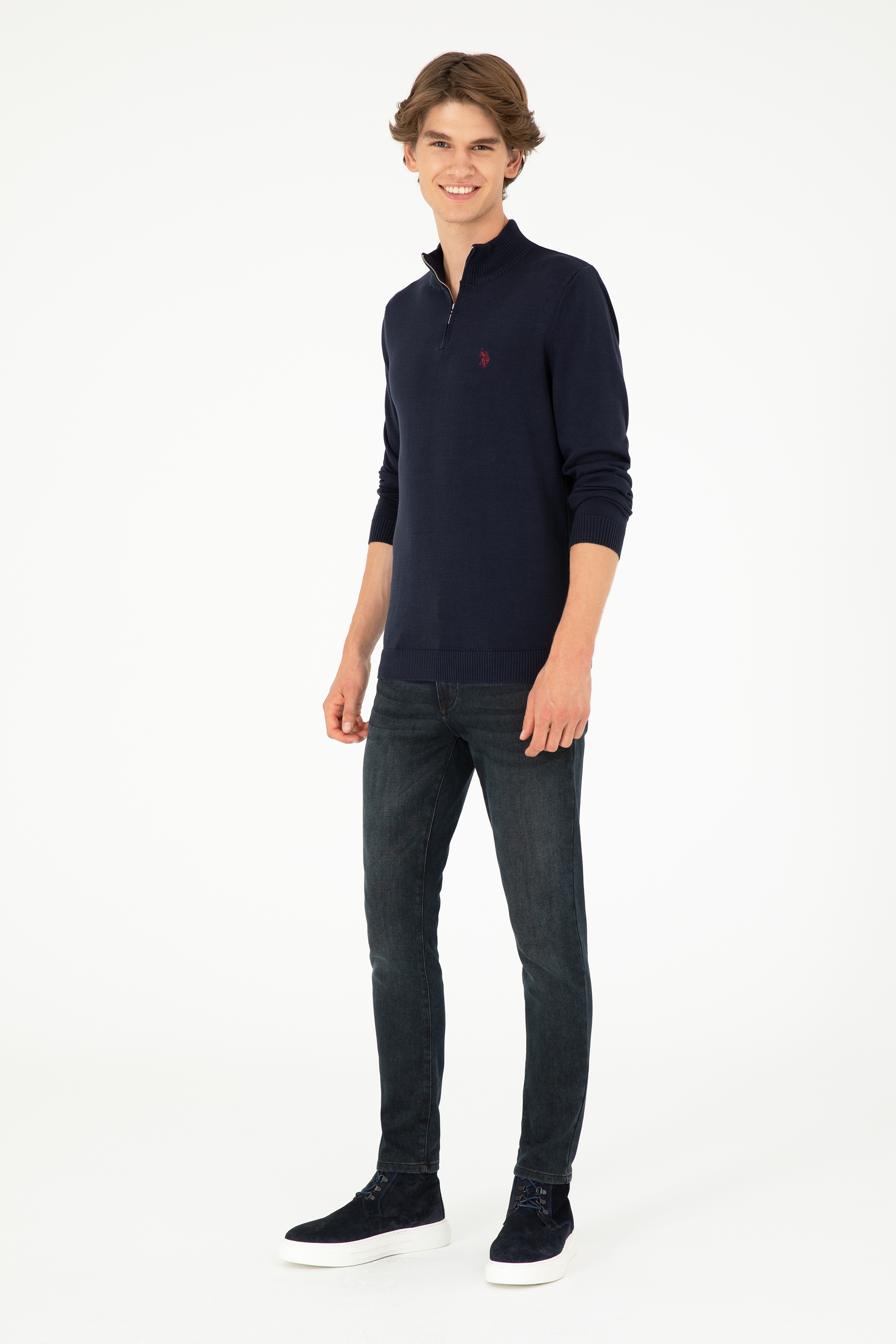 Erkek Slim Fit Yarım Fermuarlı Lacivert Basic Kazak