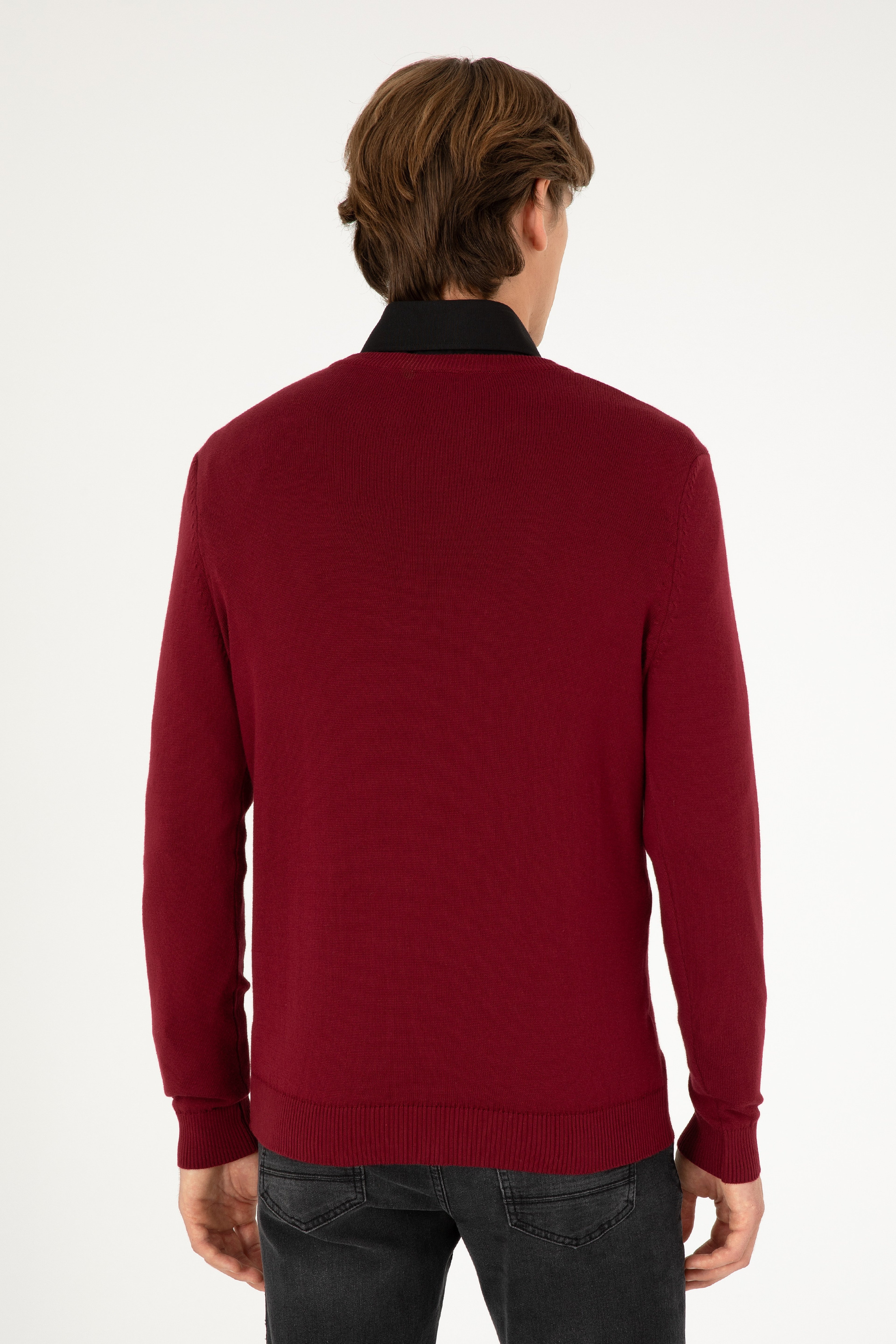 Erkek Slim Fit V Yaka Bordo Basic Kazak - Image 5