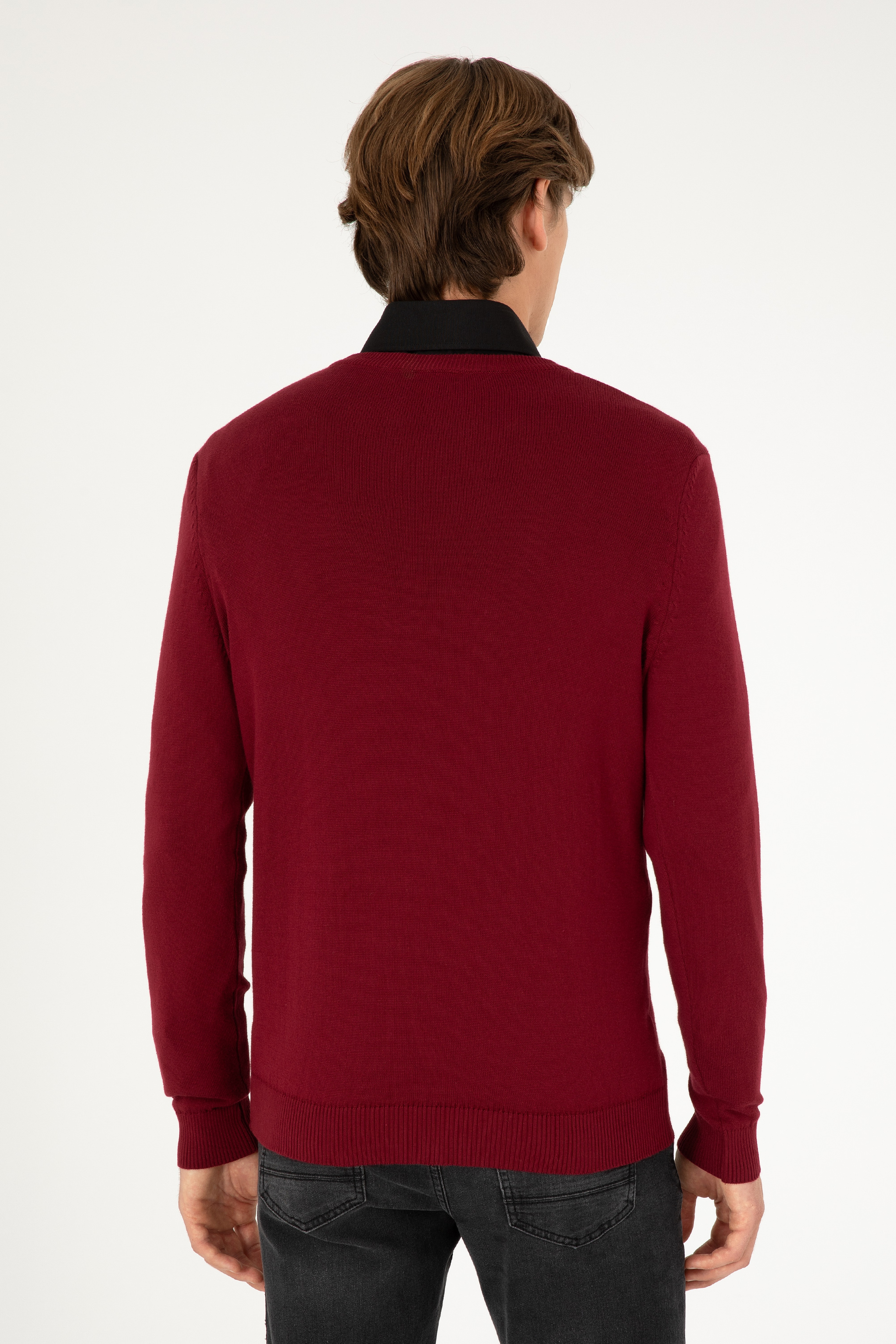 Erkek Slim Fit V Yaka Bordo Basic Kazak