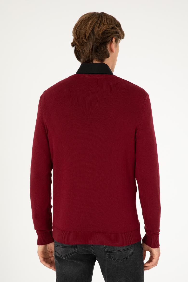Erkek Slim Fit V Yaka Bordo Basic Kazak - 50293512087