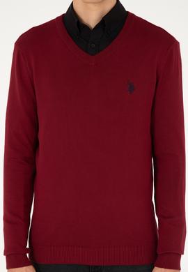 Erkek Slim Fit V Yaka Bordo Basic Kazak - 50293512087