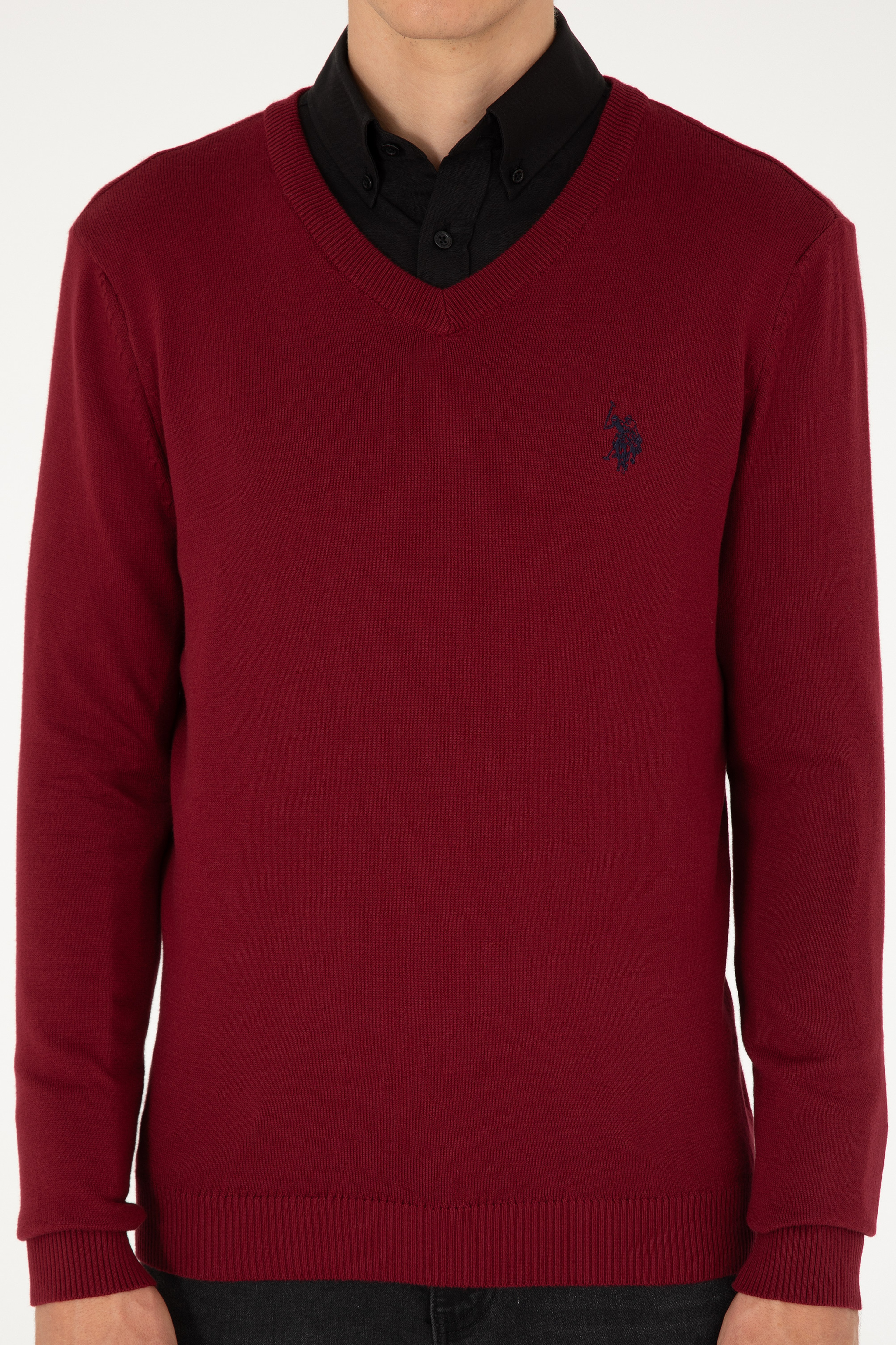 Erkek Slim Fit V Yaka Bordo Basic Kazak - Image 6