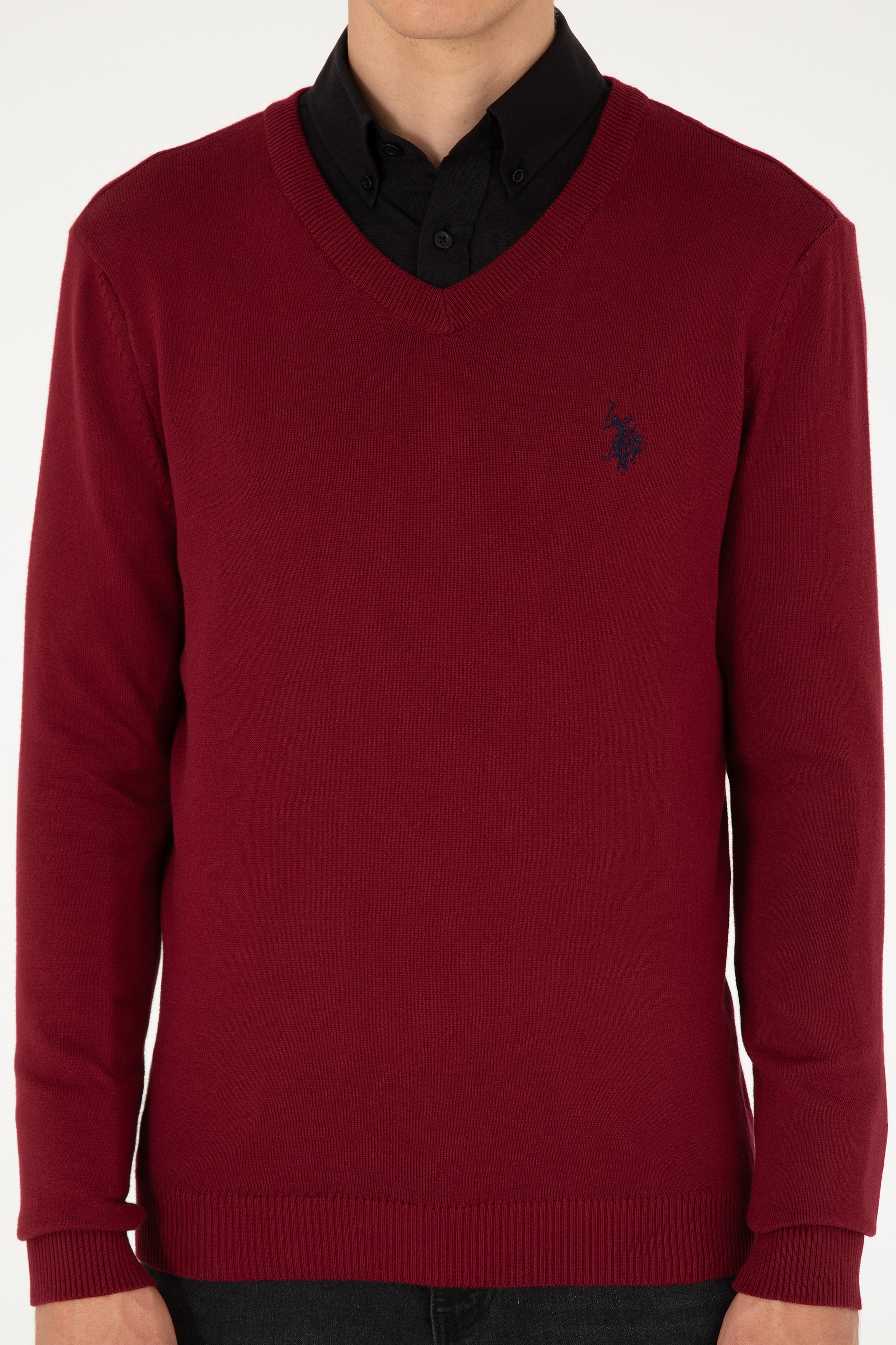Erkek Slim Fit V Yaka Bordo Basic Kazak