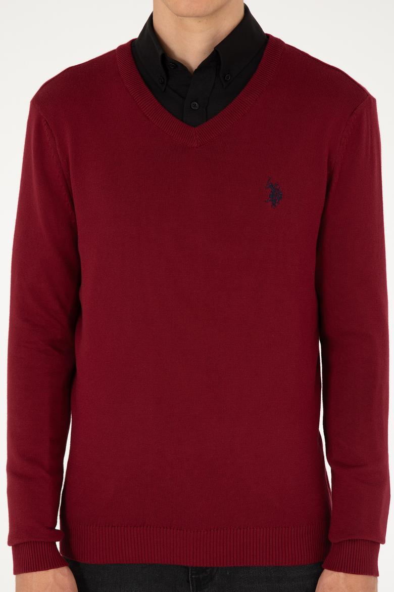 Erkek Slim Fit V Yaka Bordo Basic Kazak - 50293512087