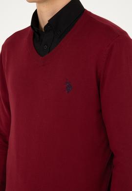 Erkek Slim Fit V Yaka Bordo Basic Kazak - 50293512087