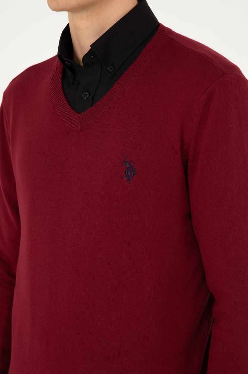 Erkek Slim Fit V Yaka Bordo Basic Kazak
