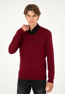 Erkek Slim Fit V Yaka Bordo Basic Kazak - 50293512087