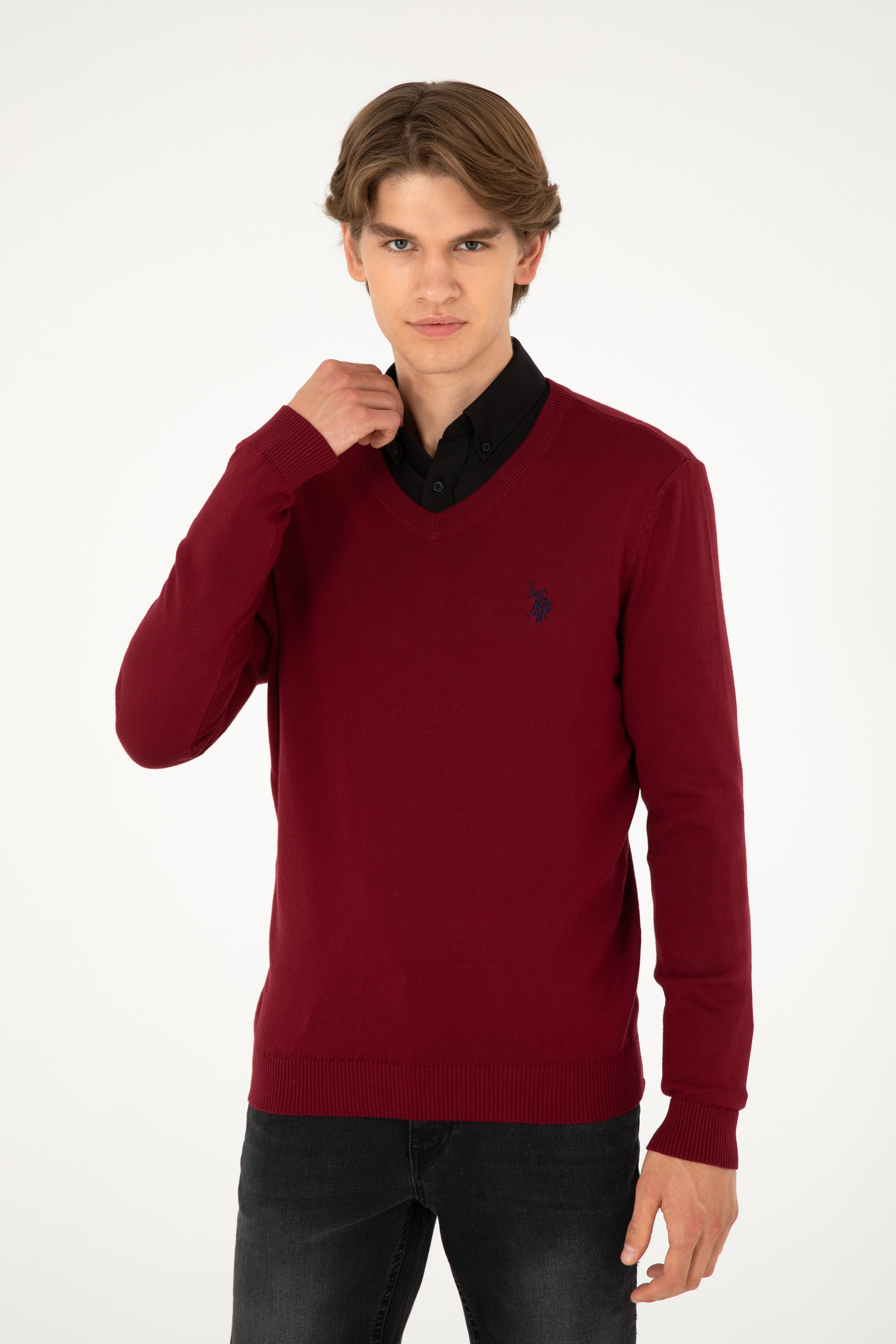 Erkek Slim Fit V Yaka Bordo Basic Kazak - Image 1