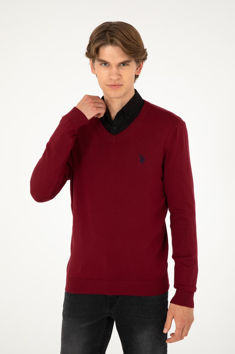 Erkek Slim Fit V Yaka Bordo Basic Kazak