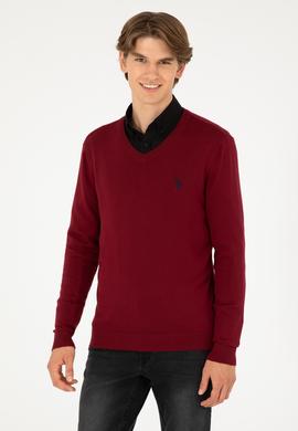 Erkek Slim Fit V Yaka Bordo Basic Kazak - 50293512087