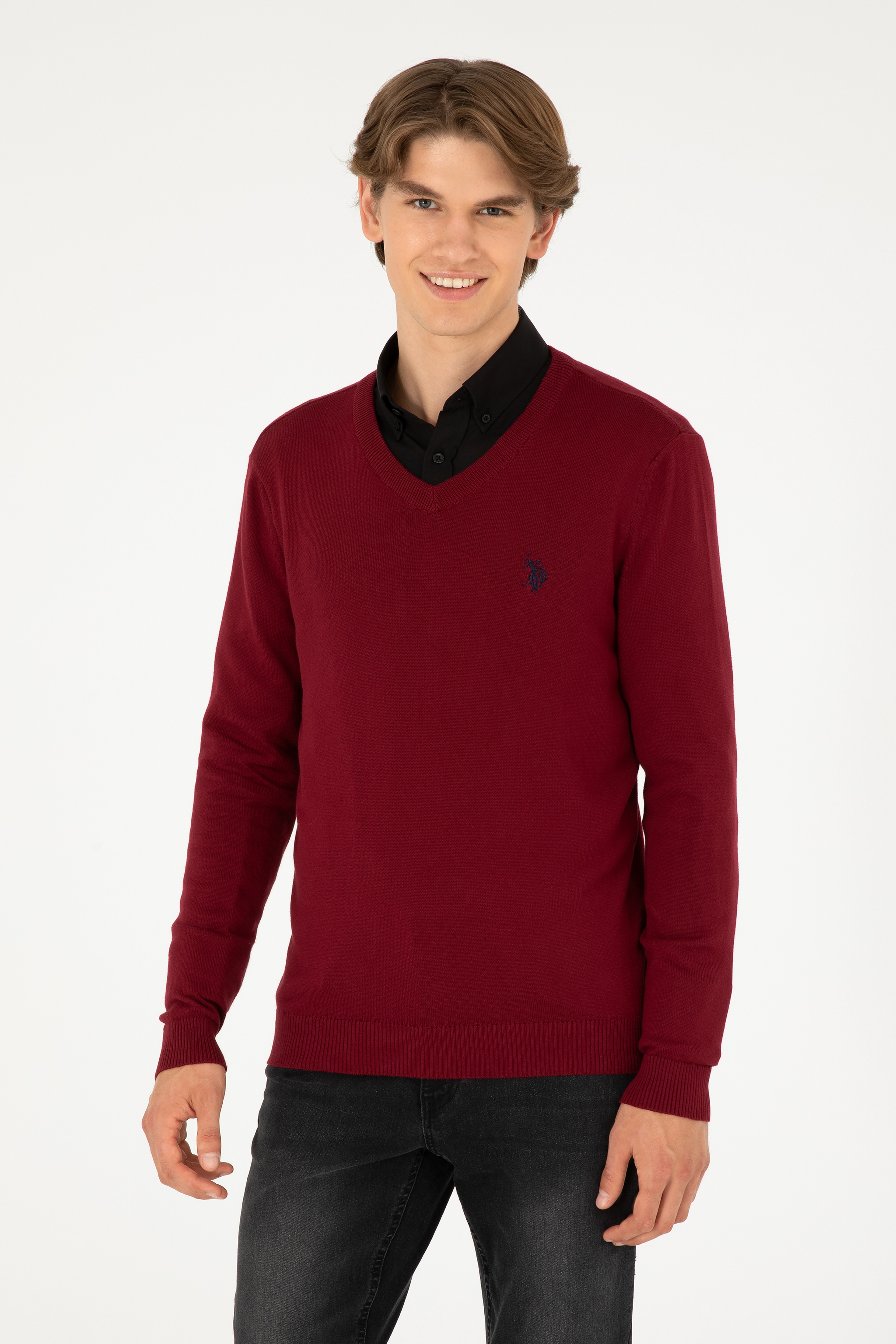 Erkek Slim Fit V Yaka Bordo Basic Kazak - Image 3