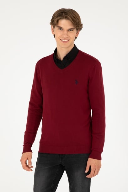 Erkek Slim Fit V Yaka Bordo Basic Kazak