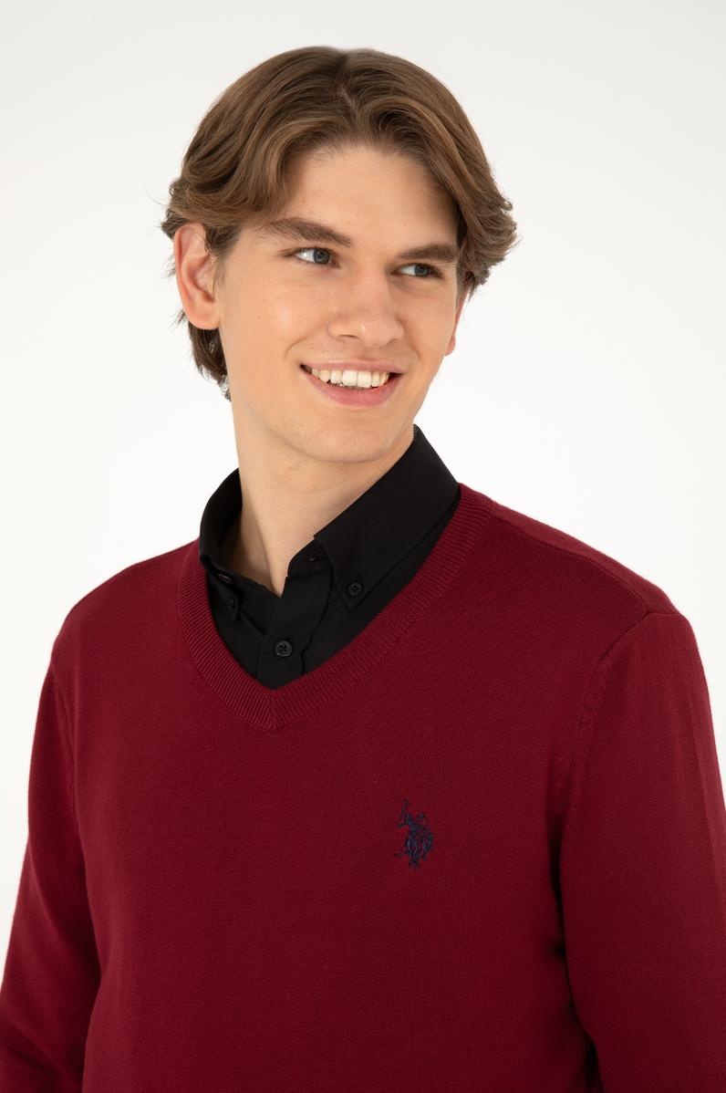 Erkek Slim Fit V Yaka Bordo Basic Kazak