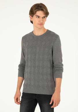 Erkek Slim Fit Bisiklet Yaka Gri Melanj Kazak - 50293023034