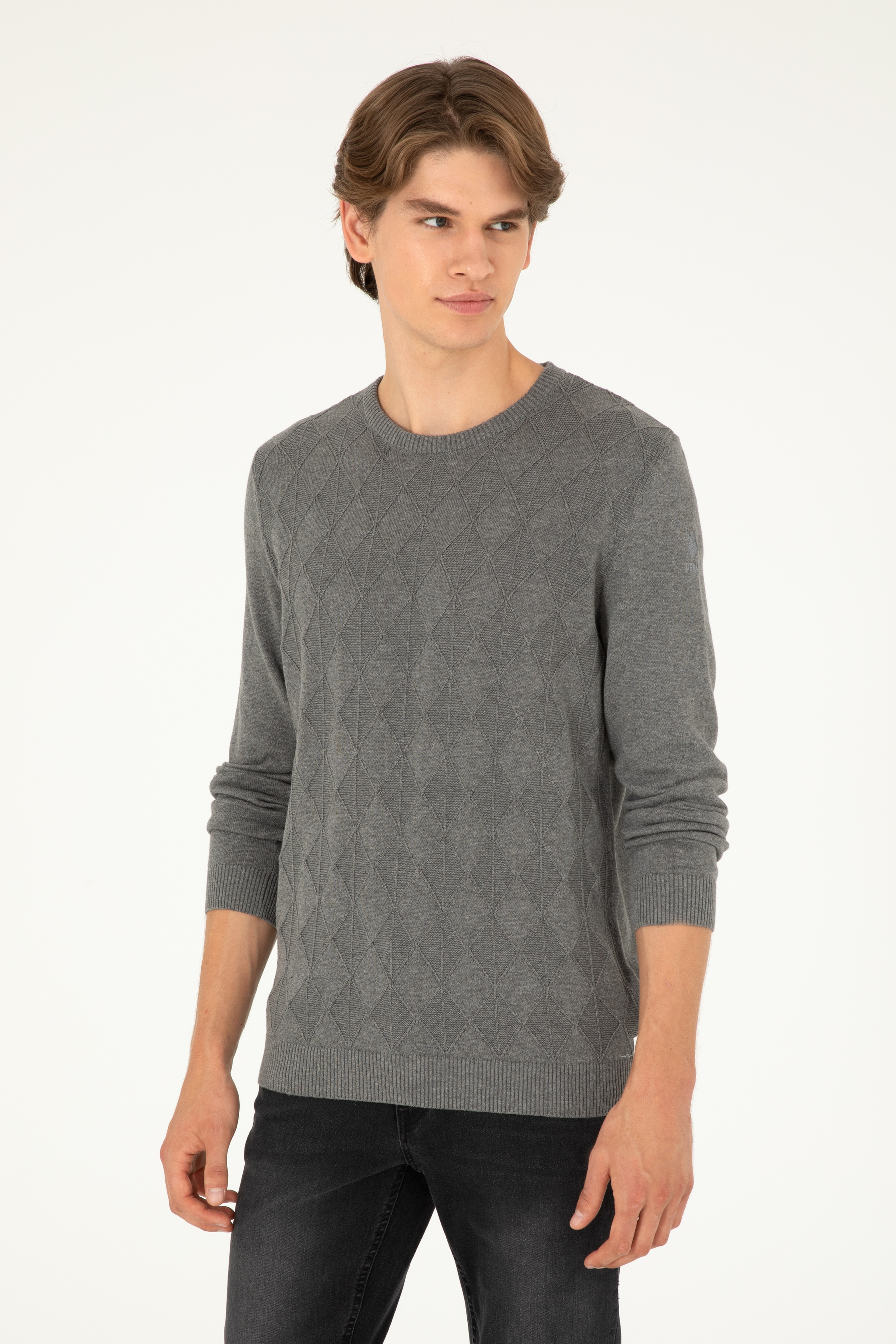Erkek Slim Fit Bisiklet Yaka Gri Melanj Kazak - Image 3