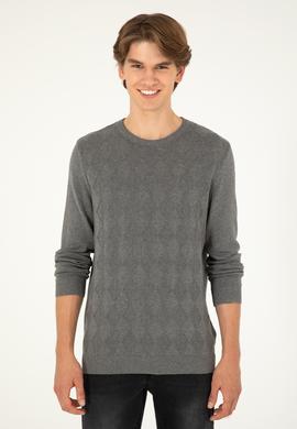 Erkek Slim Fit Bisiklet Yaka Gri Melanj Kazak - 50293023034