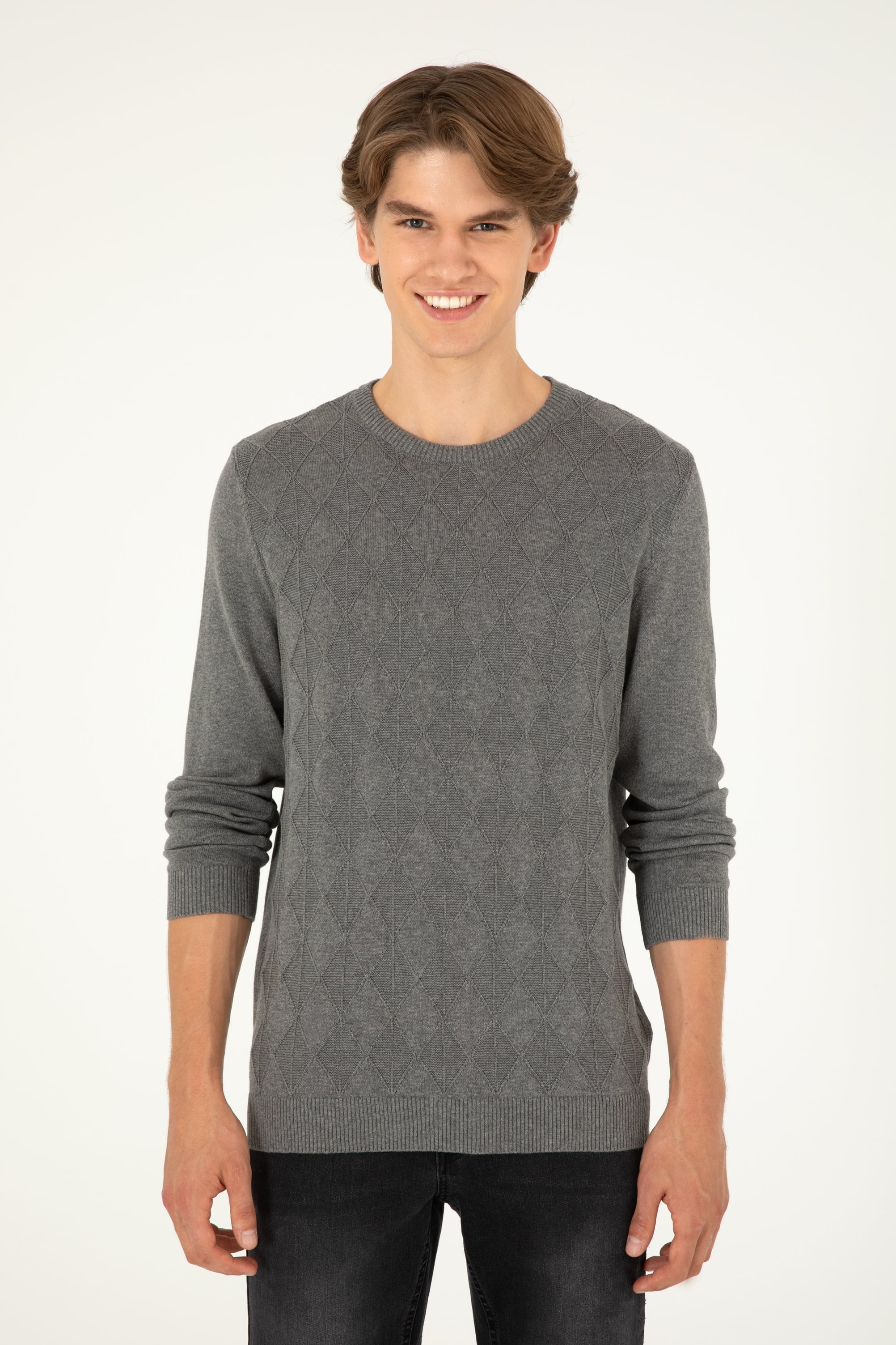 Erkek Slim Fit Bisiklet Yaka Gri Melanj Kazak