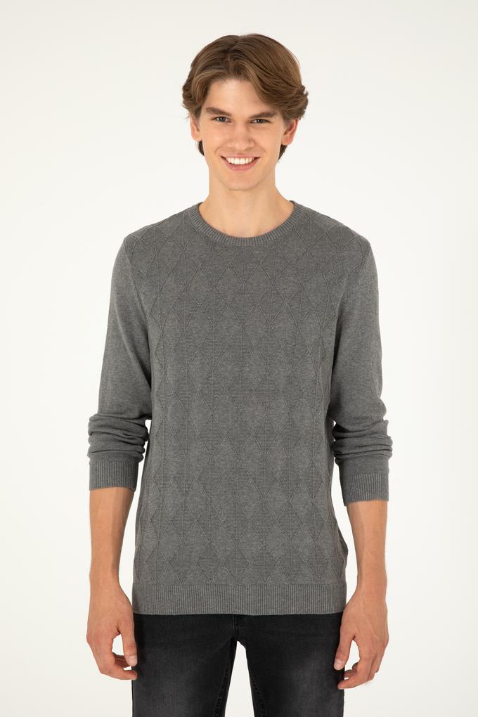 Erkek Slim Fit Bisiklet Yaka Gri Melanj Kazak